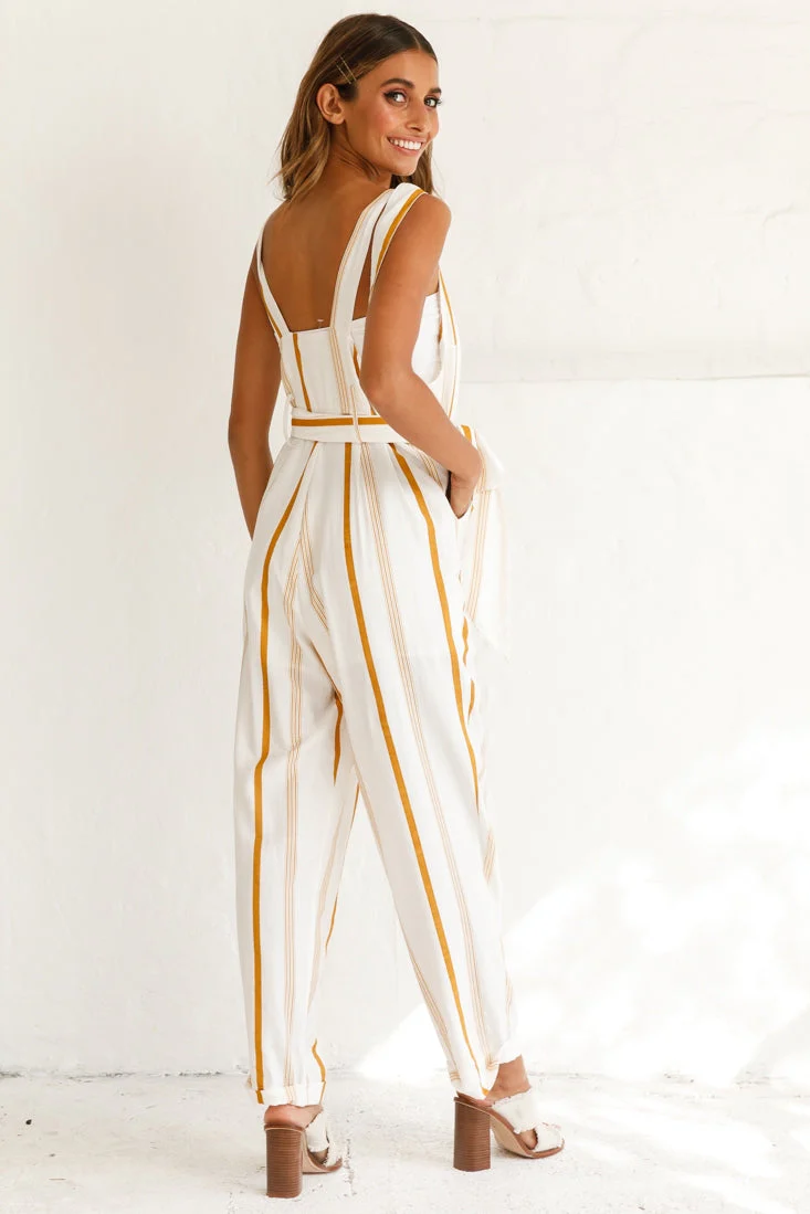 Fresno Straight Leg Pinafore Jumpsuit Stripe Print Mustard - Image 3