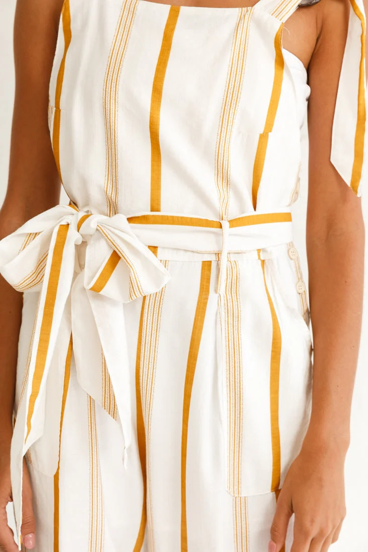Fresno Straight Leg Pinafore Jumpsuit Stripe Print Mustard - Image 4