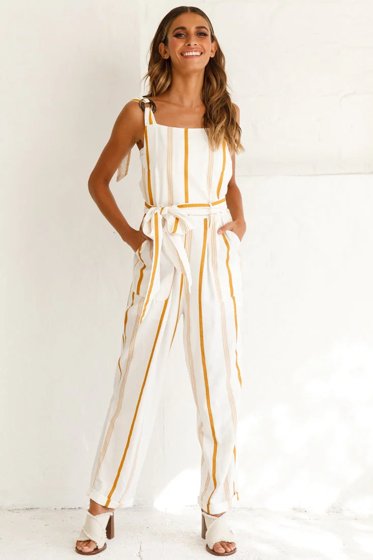 Fresno Straight Leg Pinafore Jumpsuit Stripe Print Mustard - Image 5