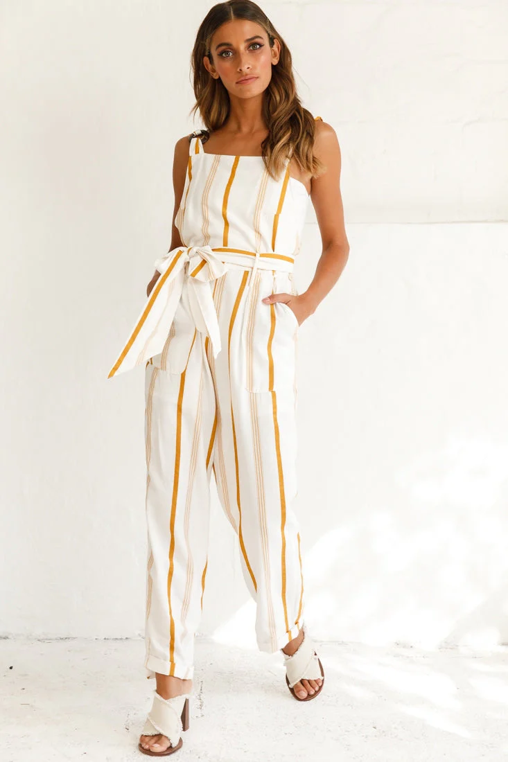 Fresno Straight Leg Pinafore Jumpsuit Stripe Print Mustard - Image 6