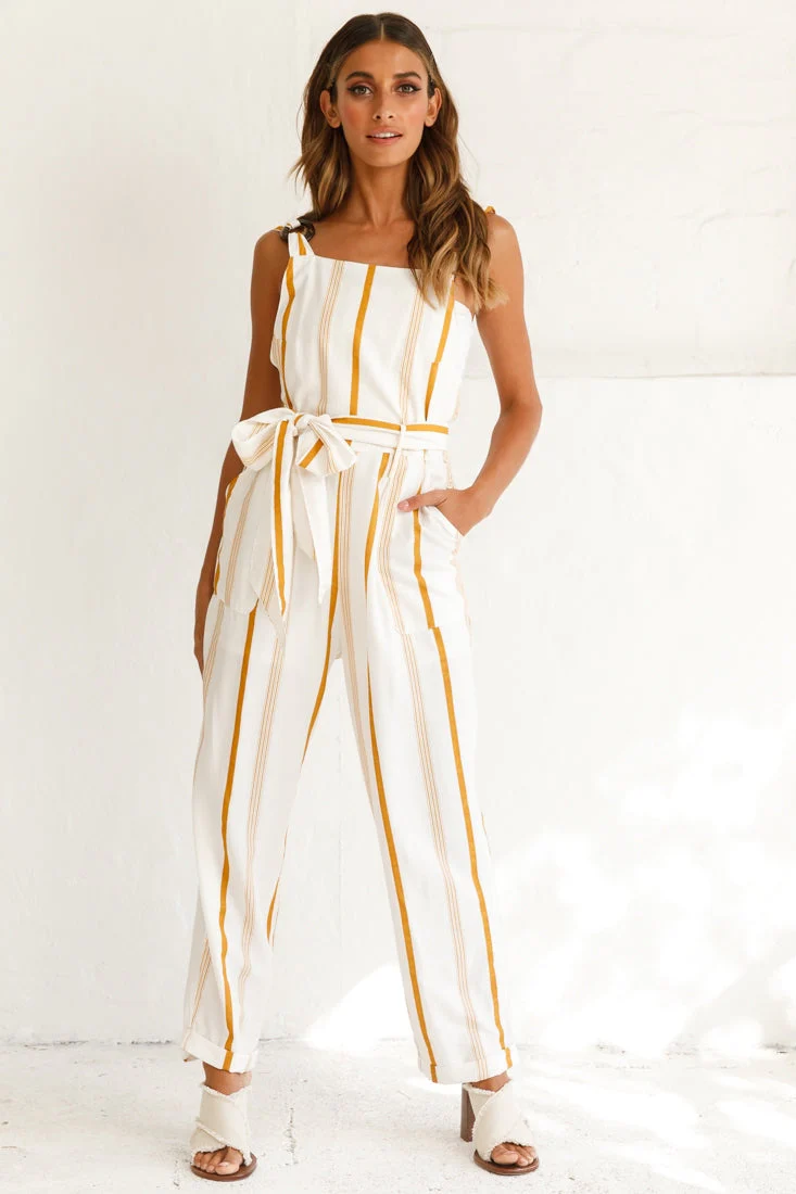 Fresno Straight Leg Pinafore Jumpsuit Stripe Print Mustard - Image 7