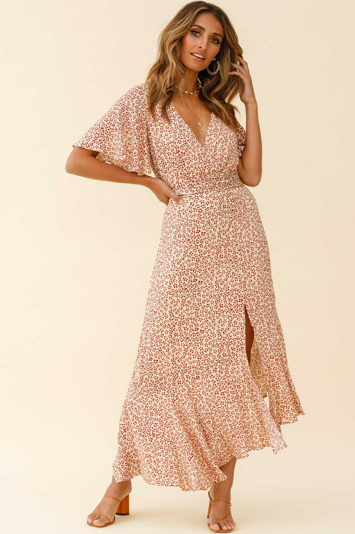 Friday Surplice Neckline Front Split Maxi Dress Floral Print Beige - Image 2