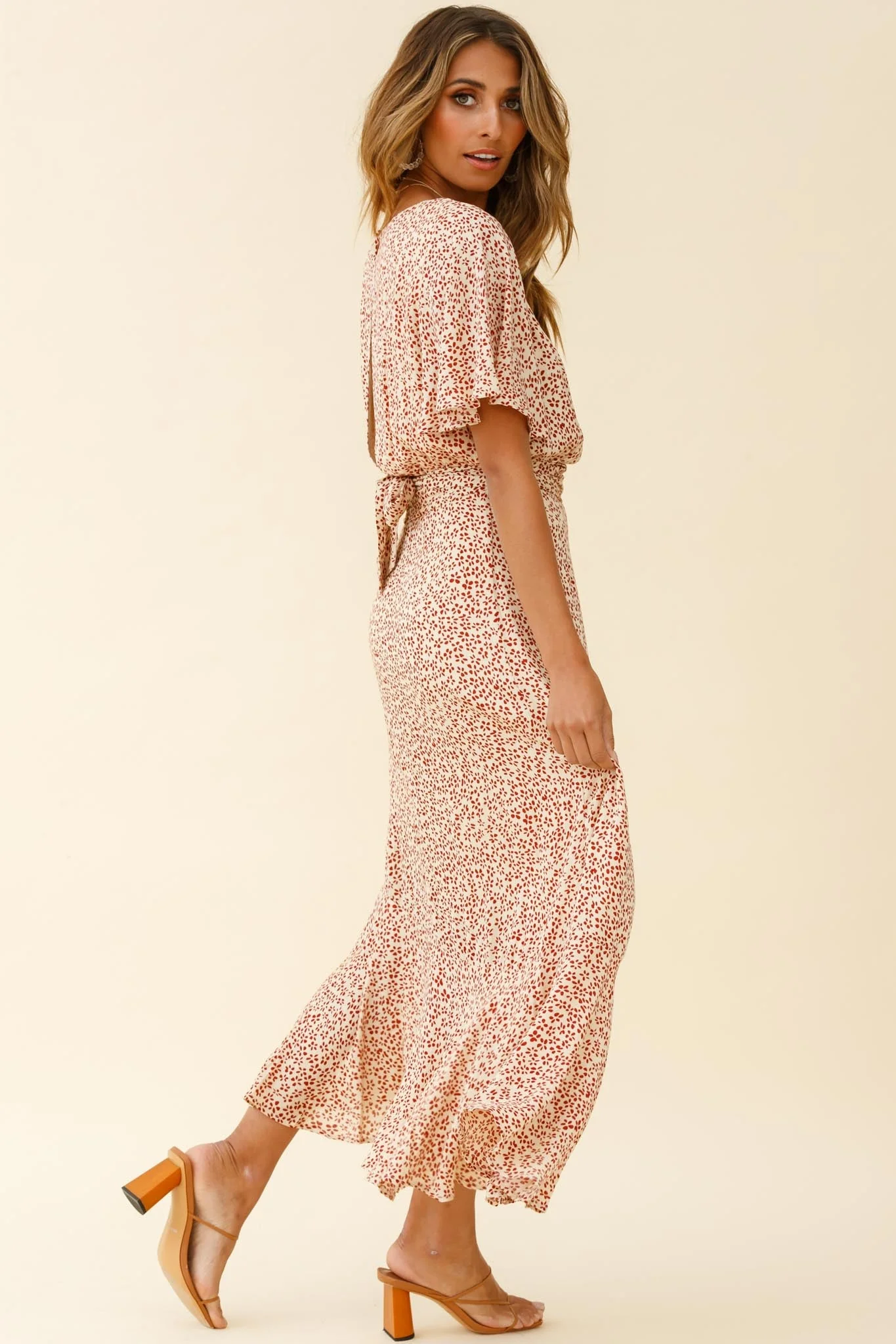 Friday Surplice Neckline Front Split Maxi Dress Floral Print Beige - Image 5