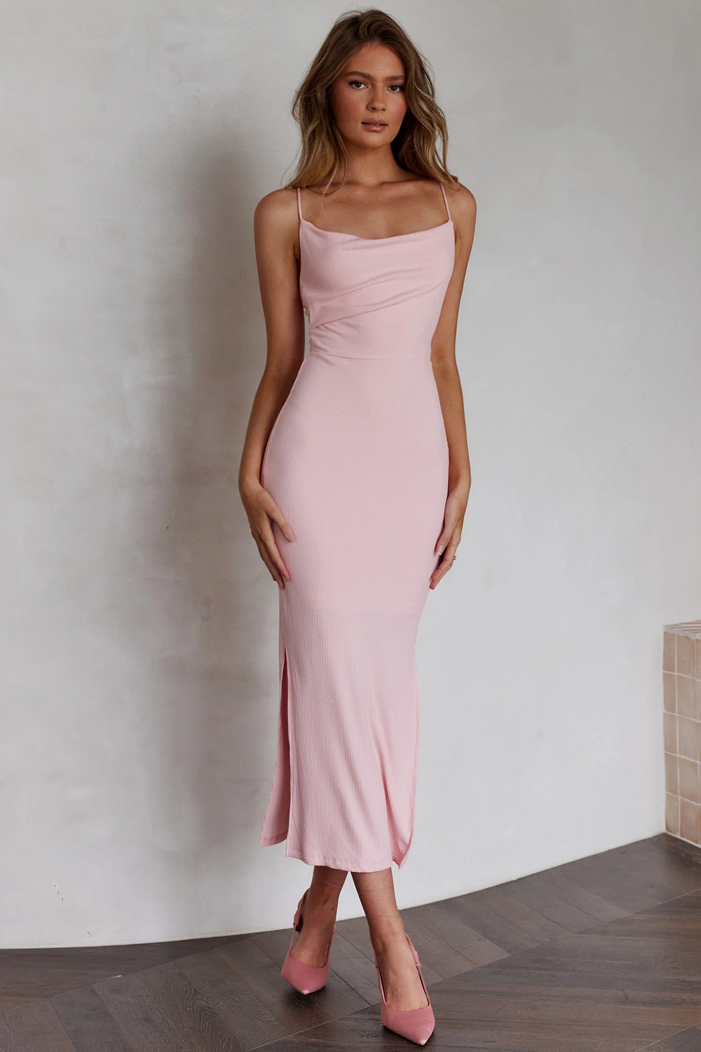 Frieda Cowl Neck Side Split Ribbed Midi Dress Blush - Image 6