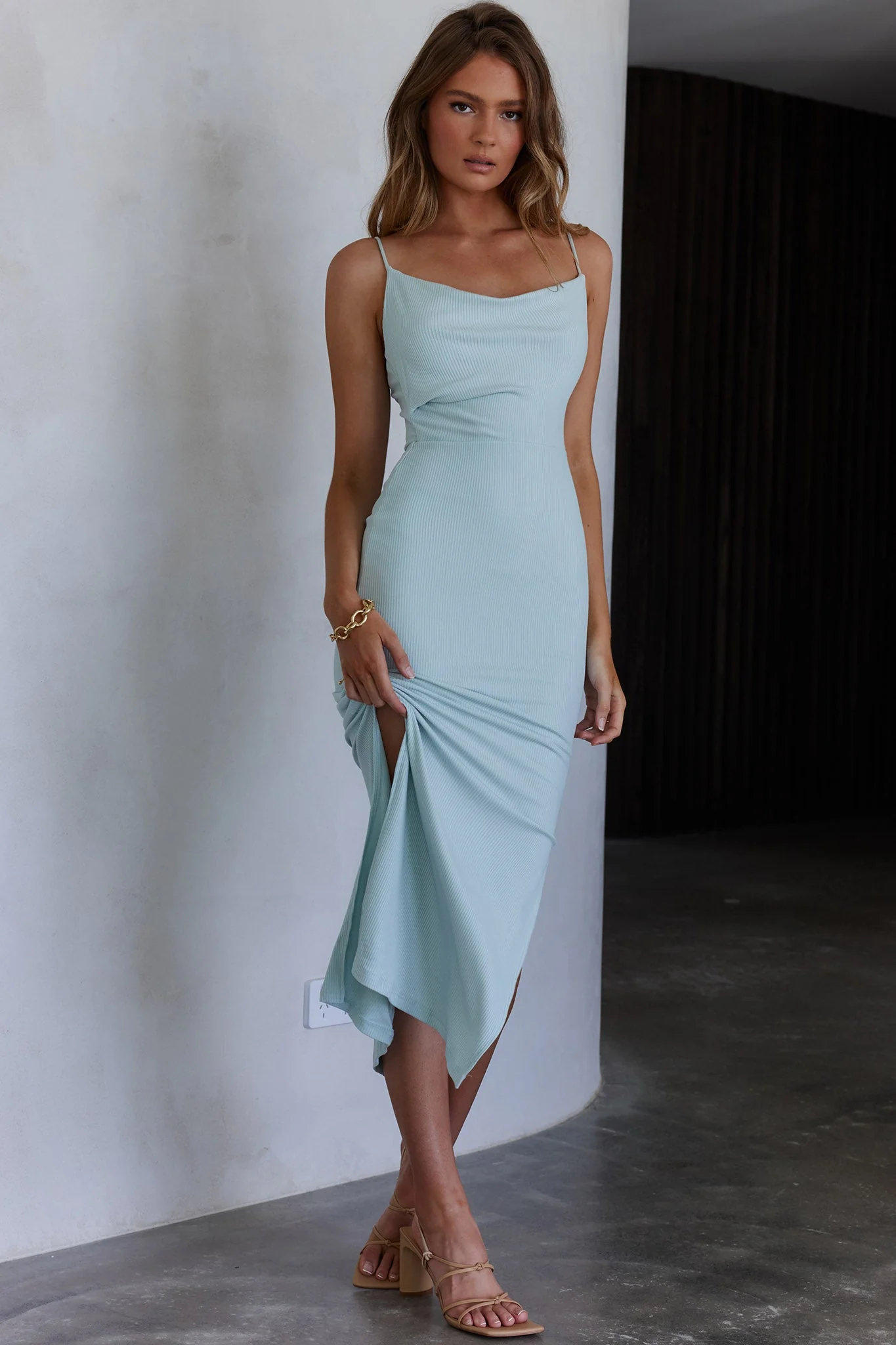 Frieda Cowl Neck Side Split Ribbed Midi Dress Sky Blue - Image 6