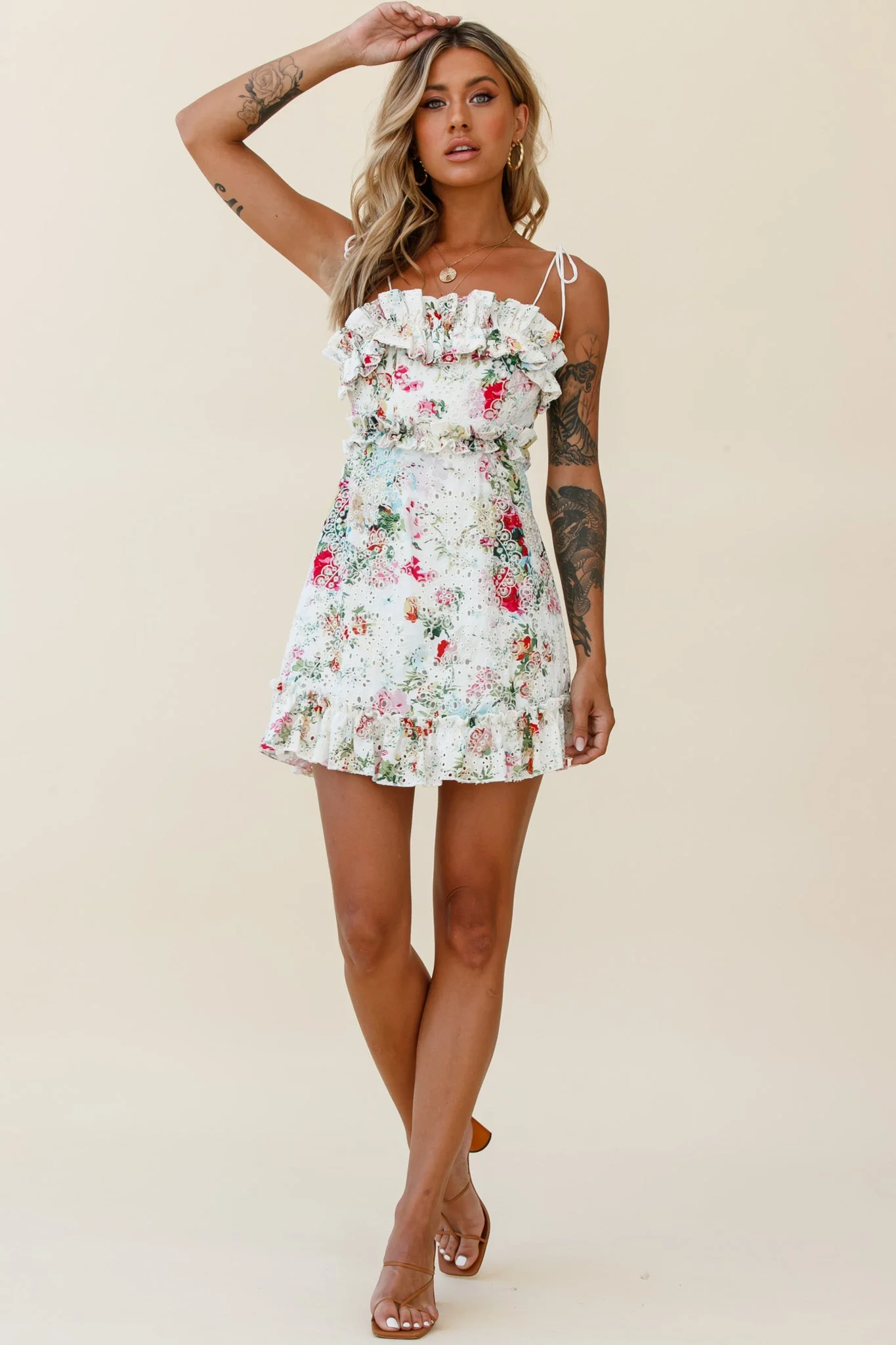 Frill Seeker Eyelet Embroidery Tied Back Dress Floral Print Multi - Image 2