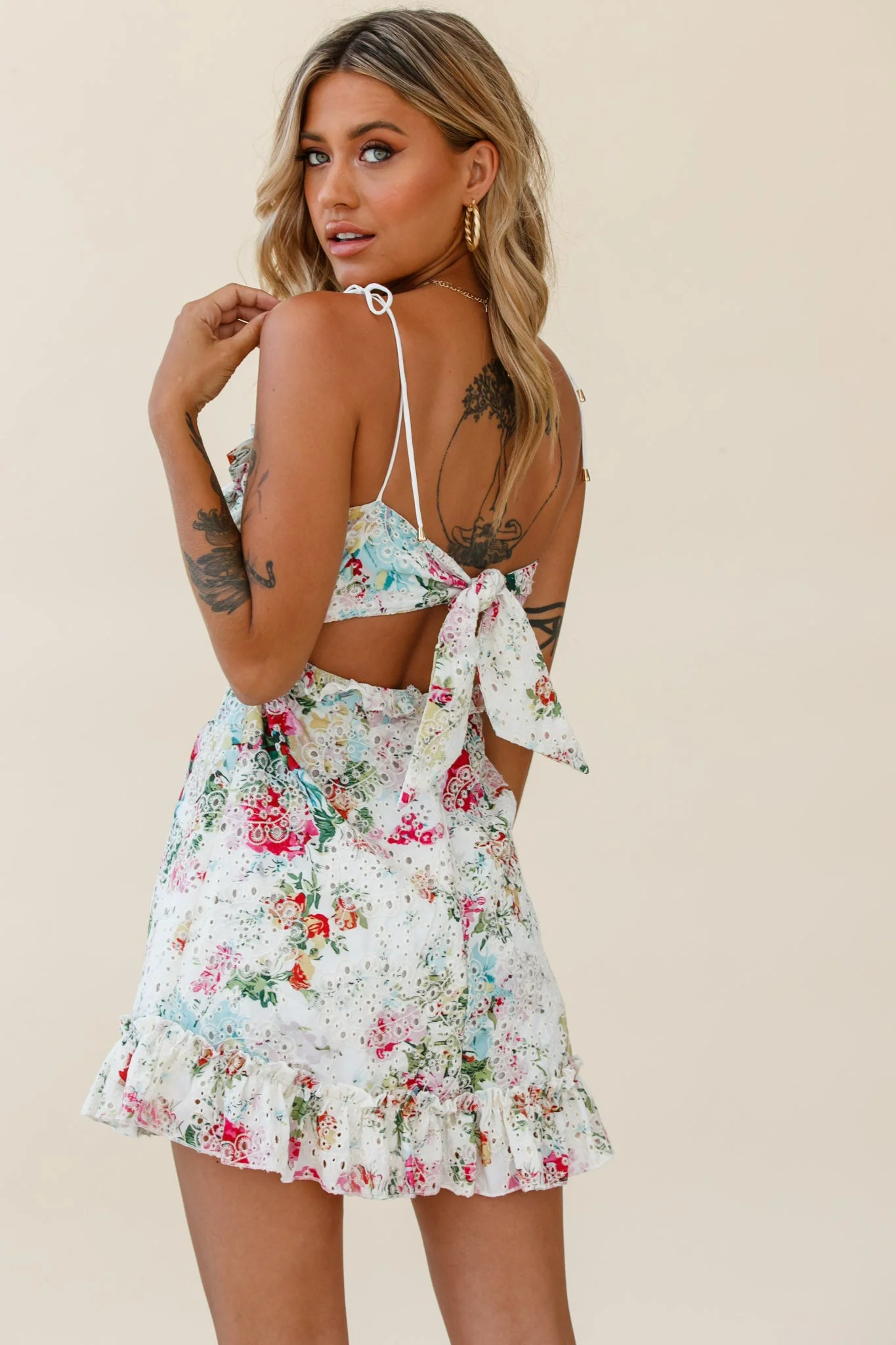 Frill Seeker Eyelet Embroidery Tied Back Dress Floral Print Multi - Image 3
