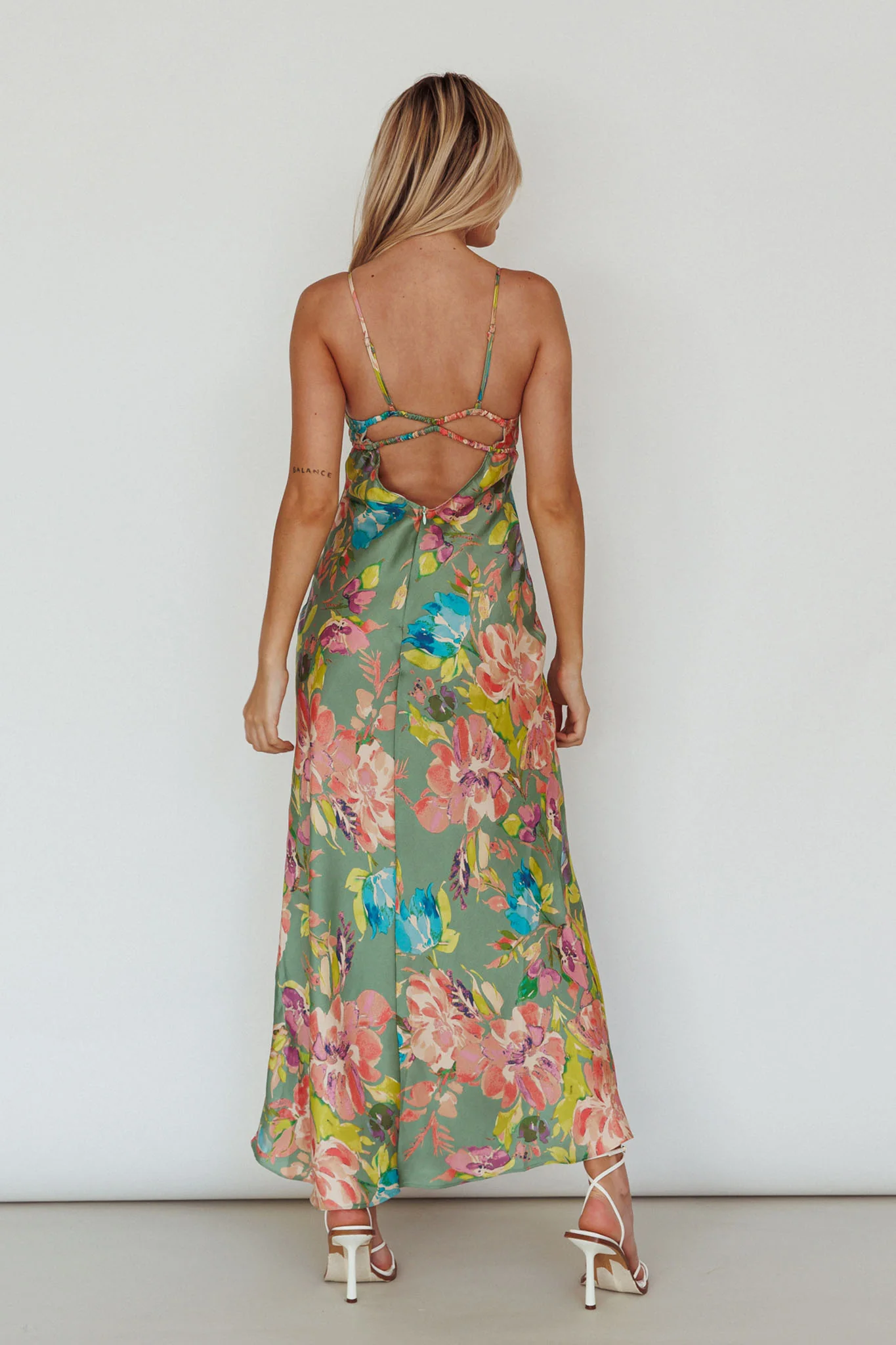 From Above V-Back Midi Dress Floral Green - Image 2