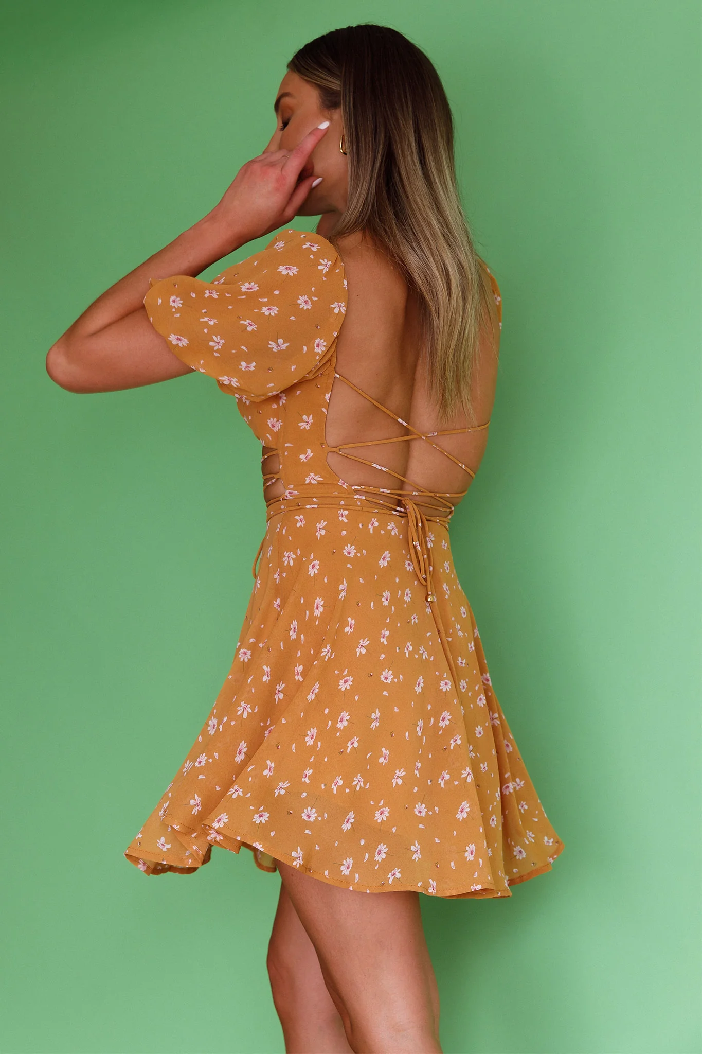 Full Hearts Lace-Up Waist Dress Floral Orange - Image 2