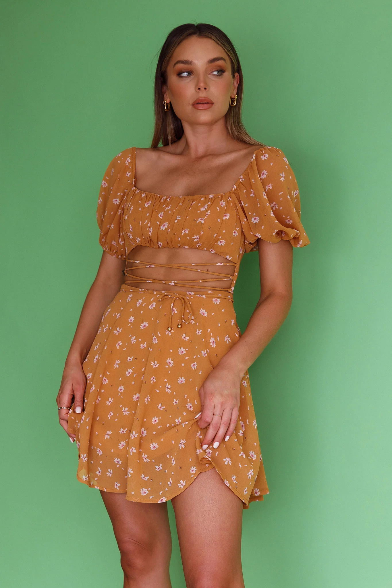 Full Hearts Lace-Up Waist Dress Floral Orange - Image 4