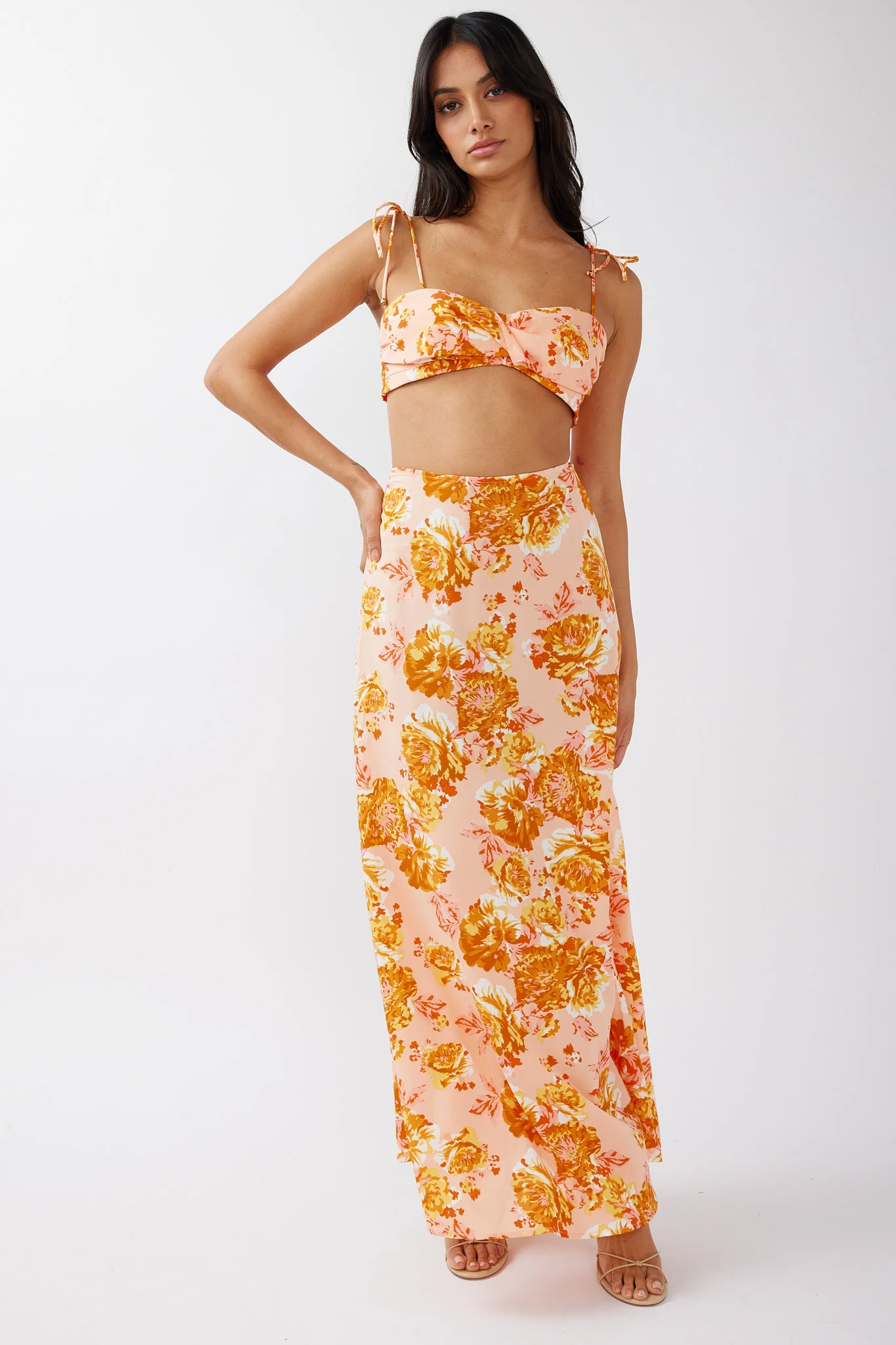 Gabbi Tied Shoulder Crop Top Floral Orange - Image 5