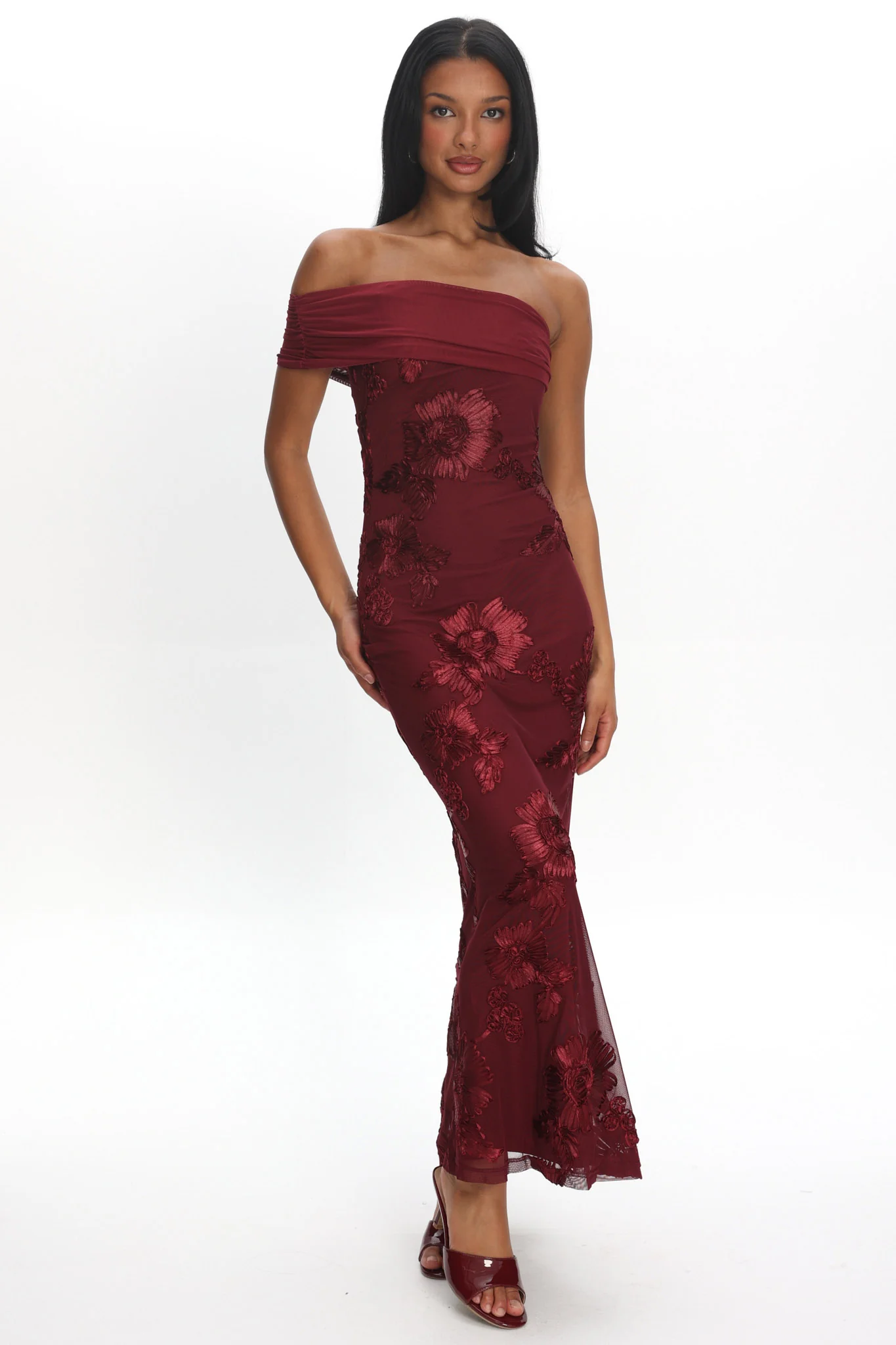 Gala One-Shoulder Maxi Dress Embellished Wine - Image 5