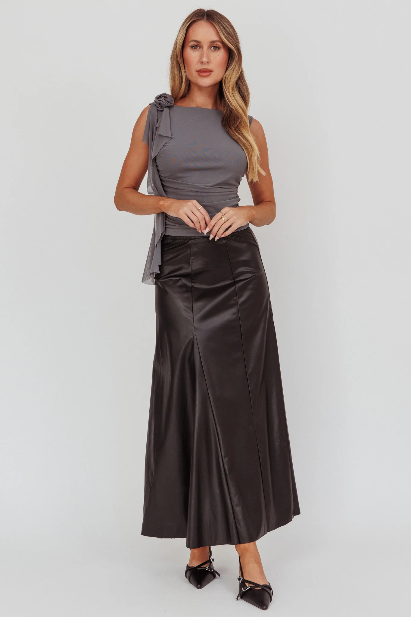 Galaxia A-Line Faux Leather Maxi Skirt Black - Image 2