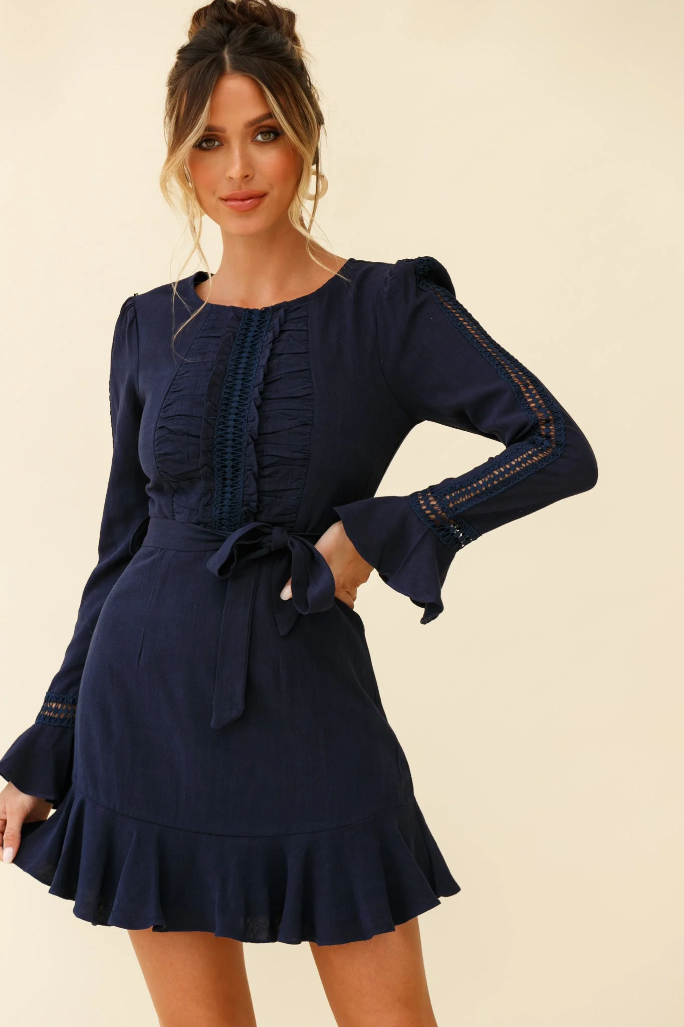 Gardenia Long Sleeve Frill & Crochet Trim Dress Navy - Image 6
