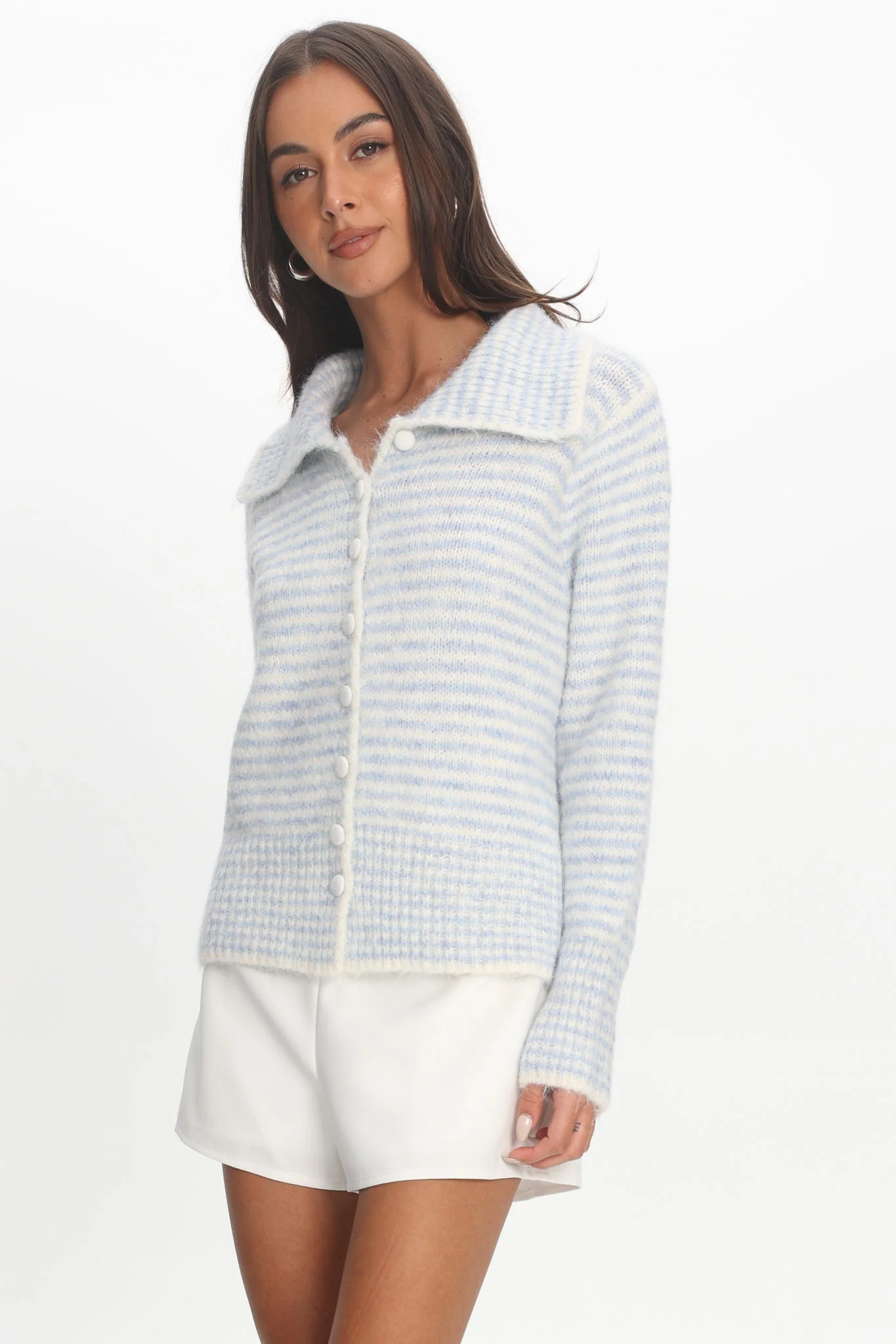 Gavrielle Collared Knit Cardigan Stripe Baby Blue - Image 6