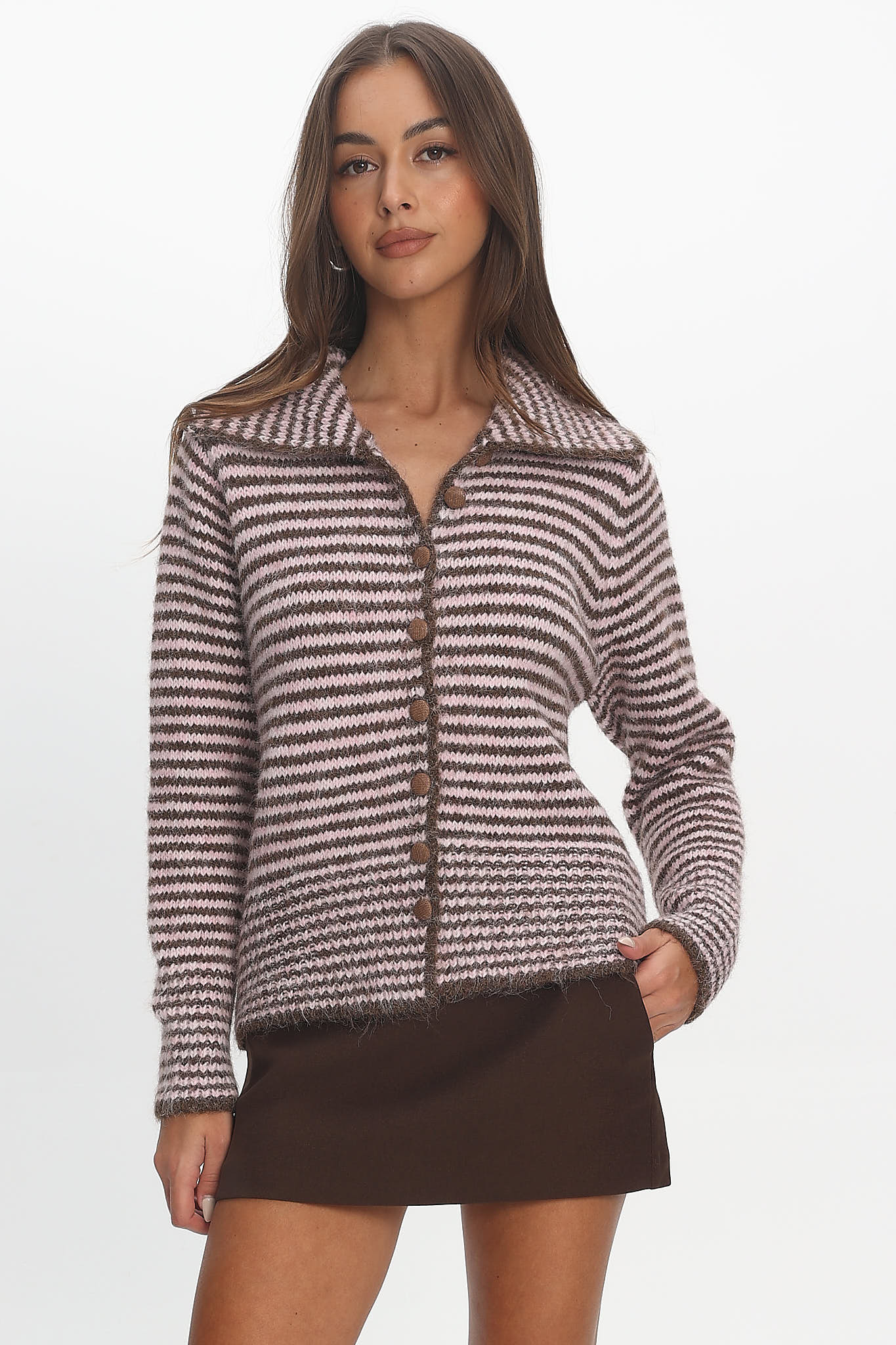 Gavrielle Collared Knit Cardigan Stripe Chocolate - Image 5