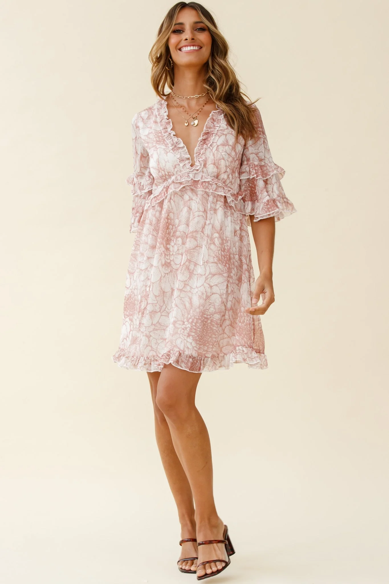 Gemma V-Neckline Frill Detail Dress Flower Print Nude - Image 2