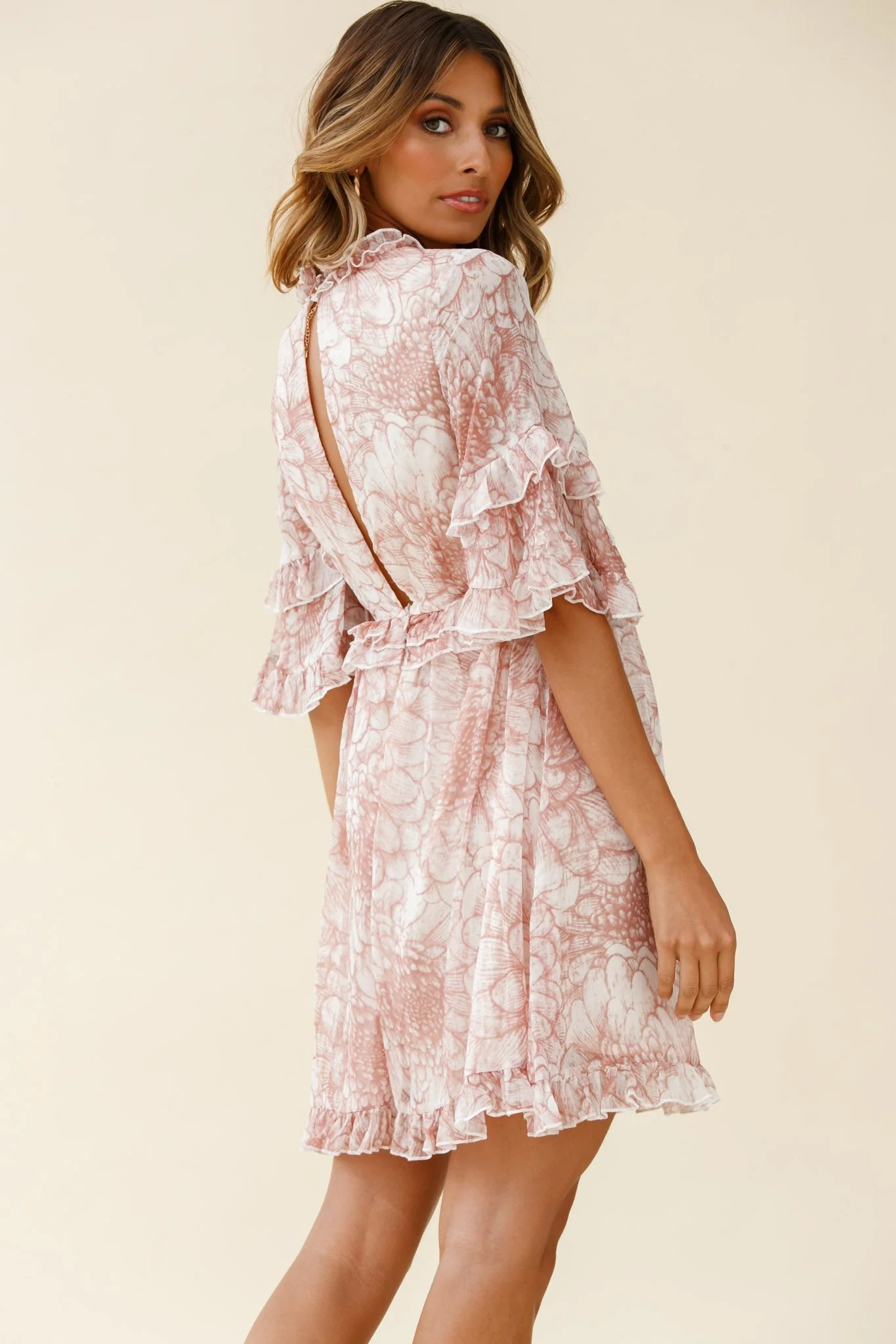 Gemma V-Neckline Frill Detail Dress Flower Print Nude - Image 3