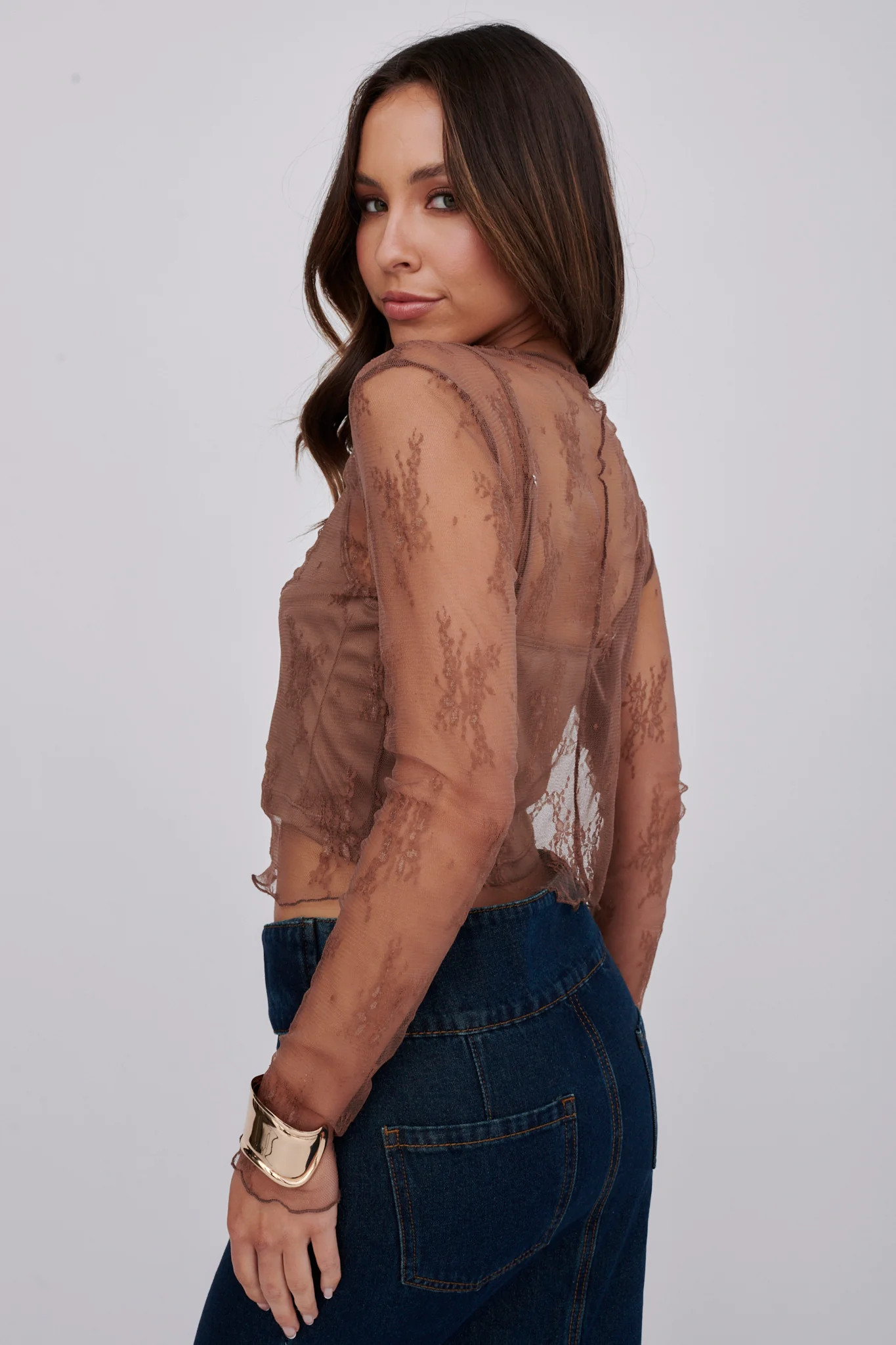 Genovia Long Sleeve Lace Top Brown - Image 2