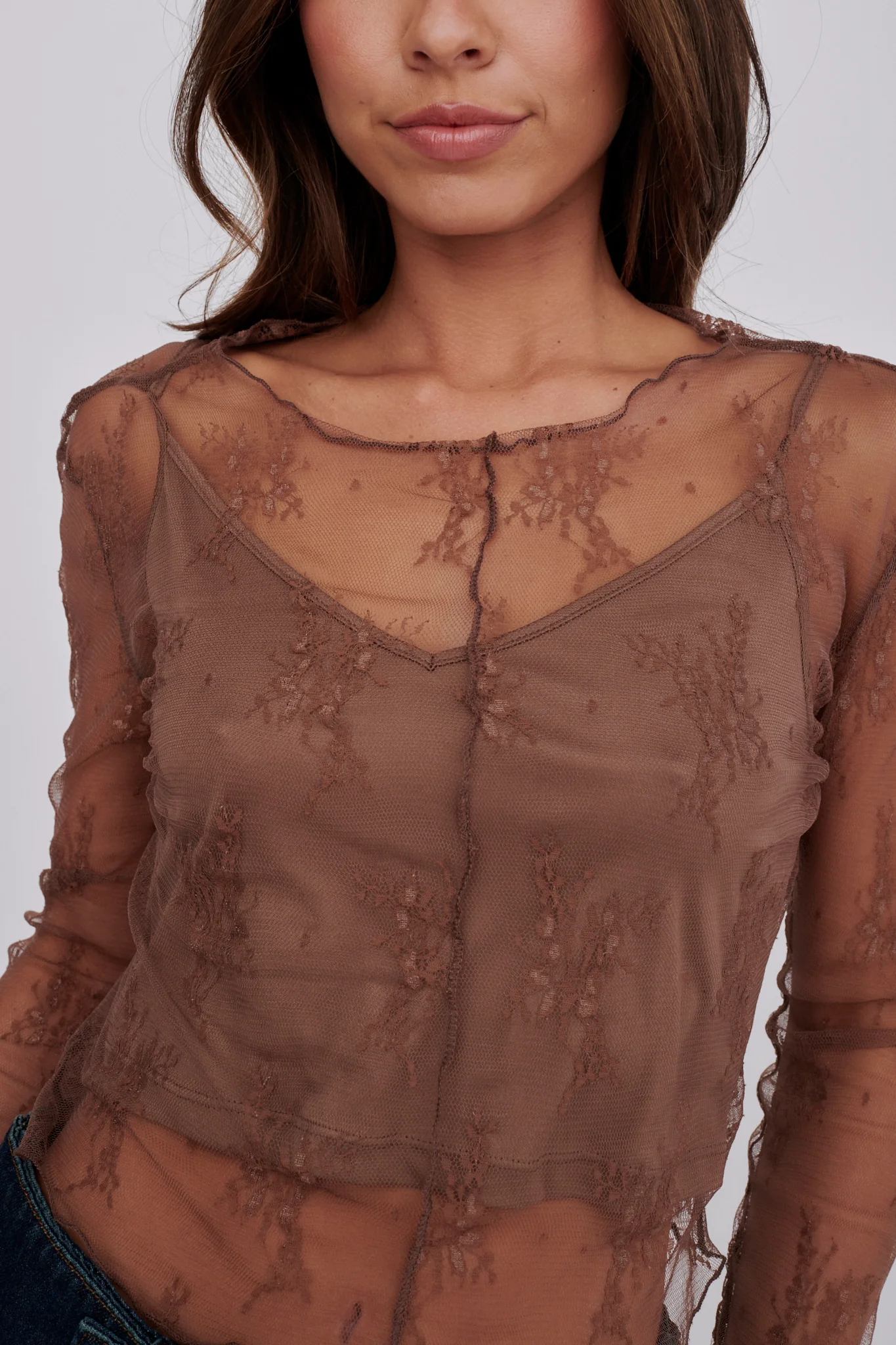 Genovia Long Sleeve Lace Top Brown - Image 4
