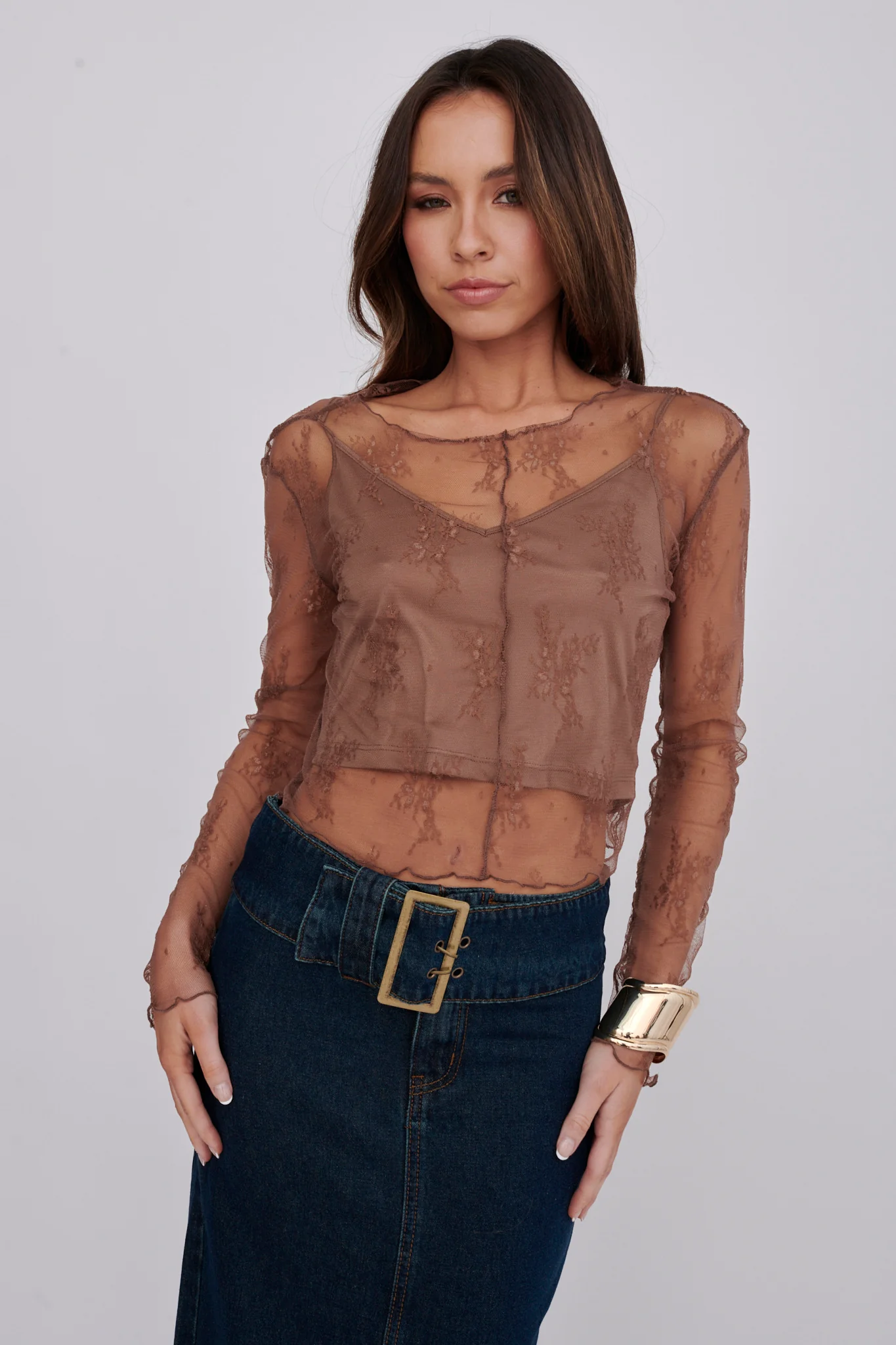 Genovia Long Sleeve Lace Top Brown - Image 5
