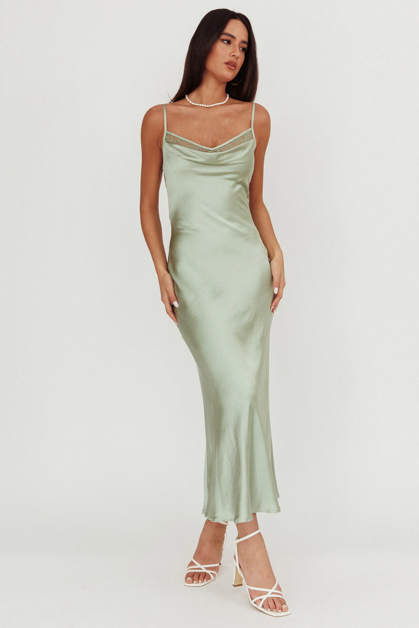 Gentle Touch Cowl Neck Satin Maxi Dress Sage - Image 4