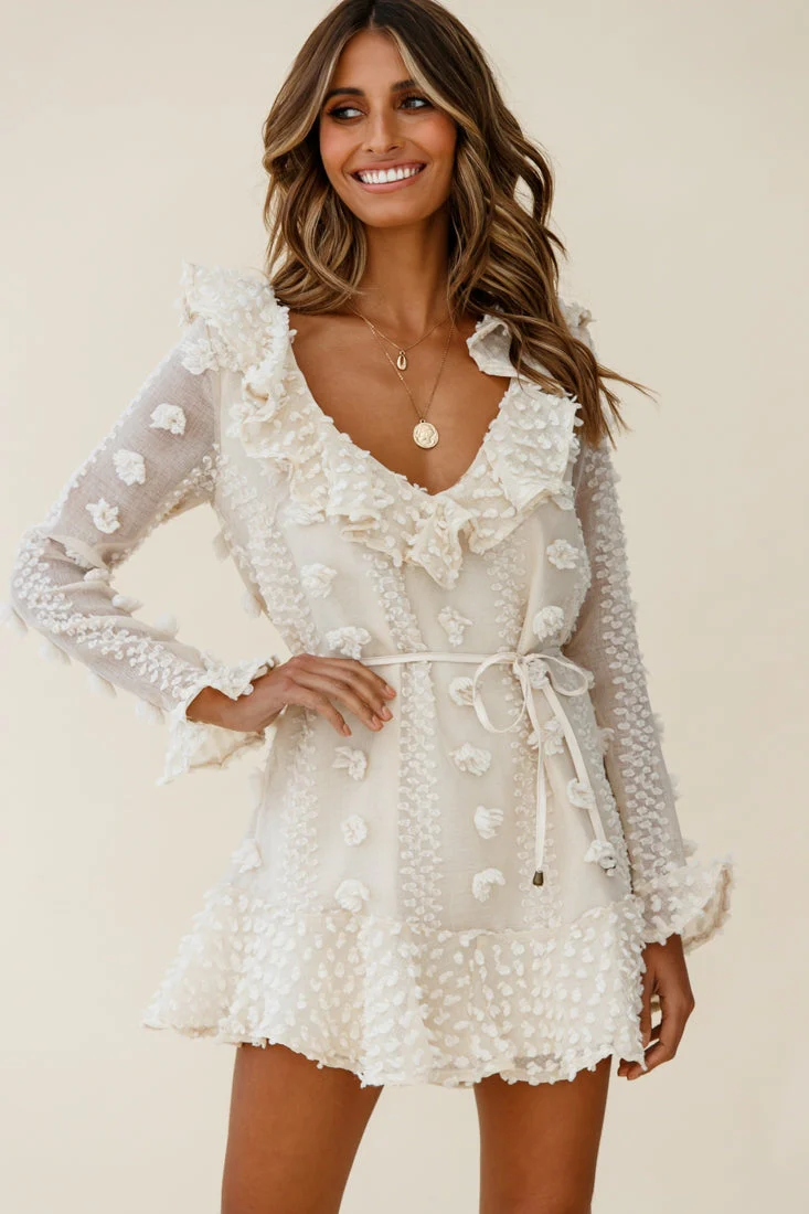 Georgie Long Sleeve Frill Neckline Embellished Chiffon Dress Beige - Image 2
