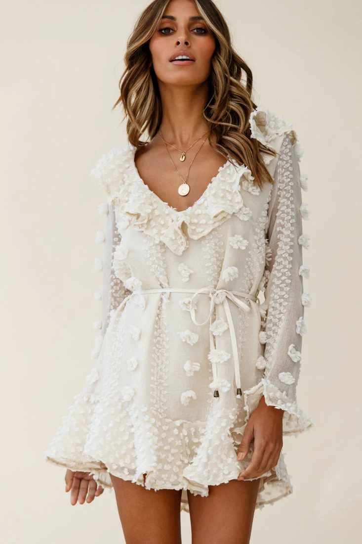 Georgie Long Sleeve Frill Neckline Embellished Chiffon Dress Beige - Image 4