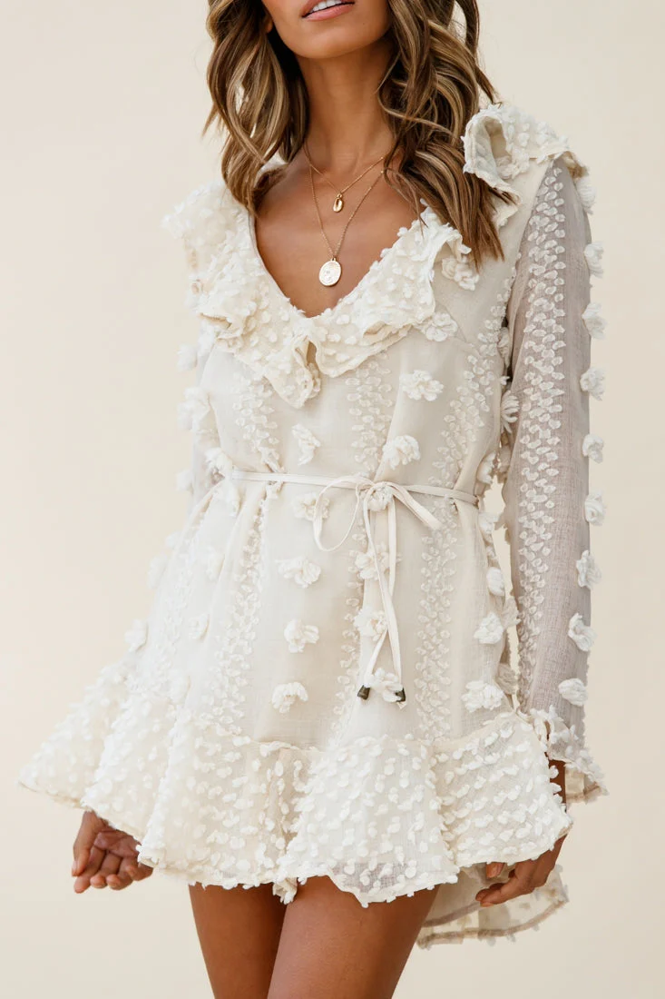 Georgie Long Sleeve Frill Neckline Embellished Chiffon Dress Beige - Image 5