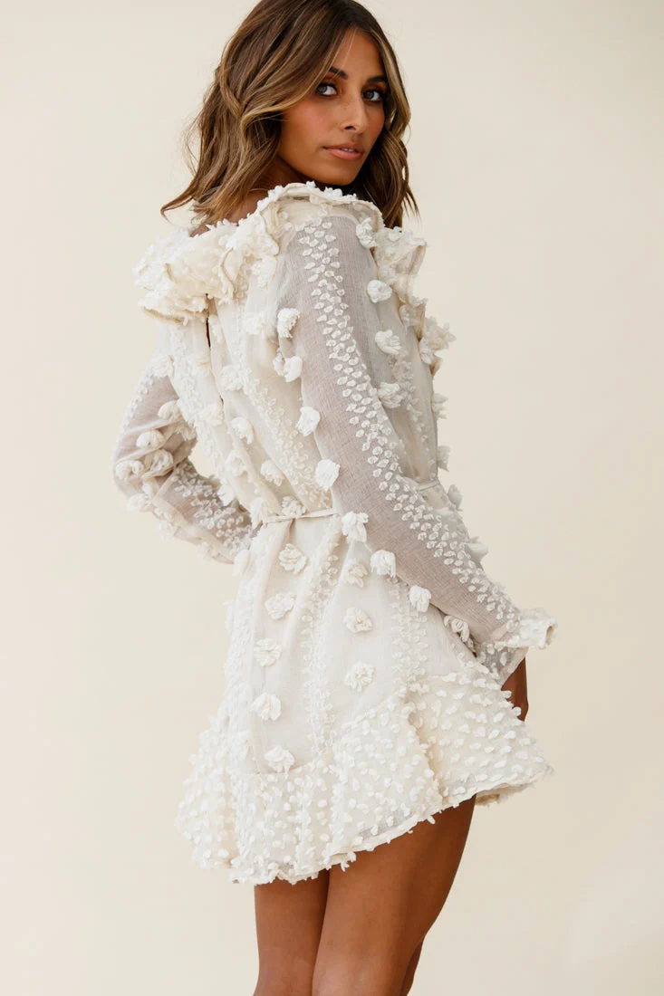 Georgie Long Sleeve Frill Neckline Embellished Chiffon Dress Beige - Image 6