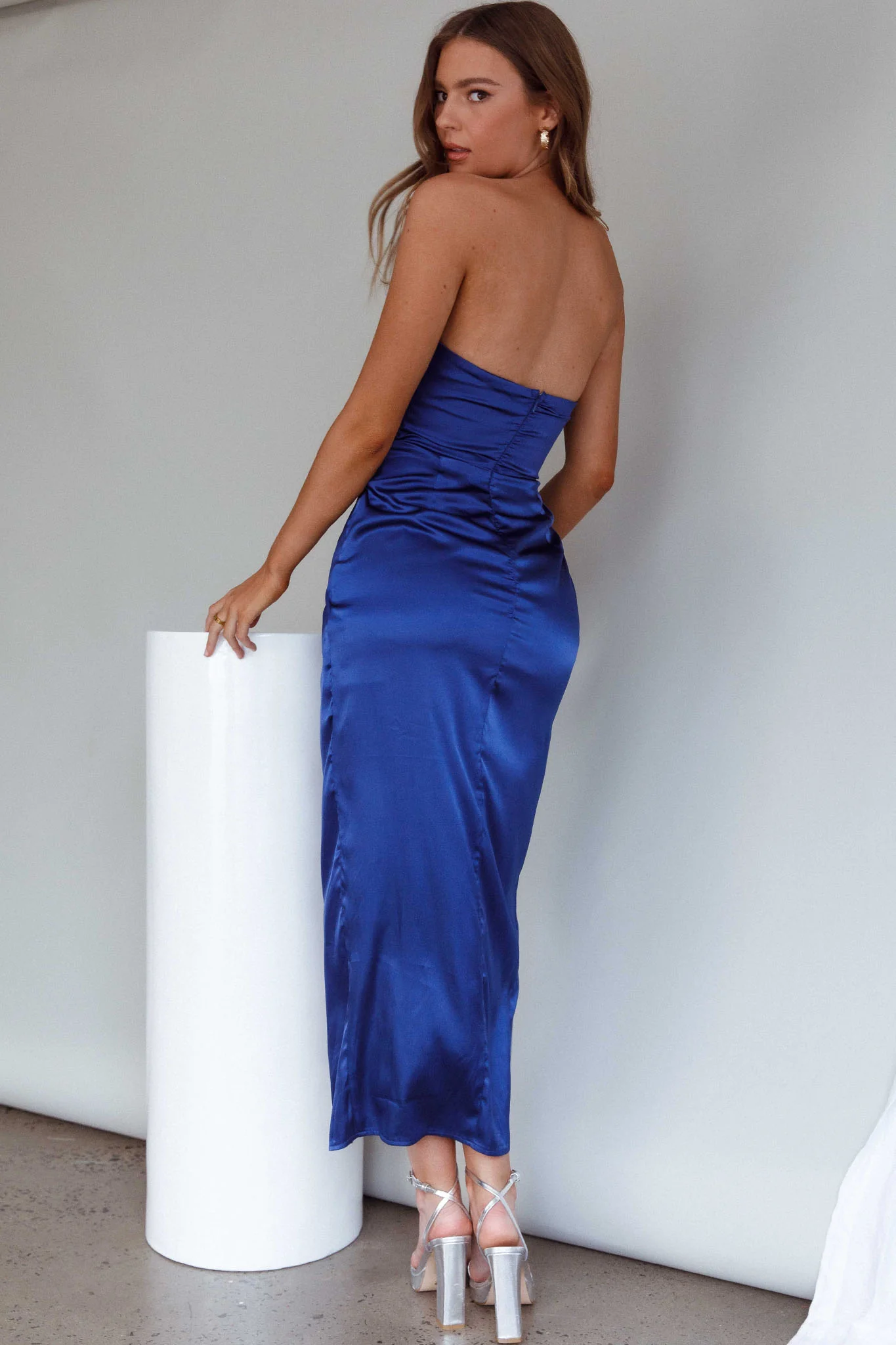 Gianna Strapless Ruched Bust Midi Dress Navy - Image 8