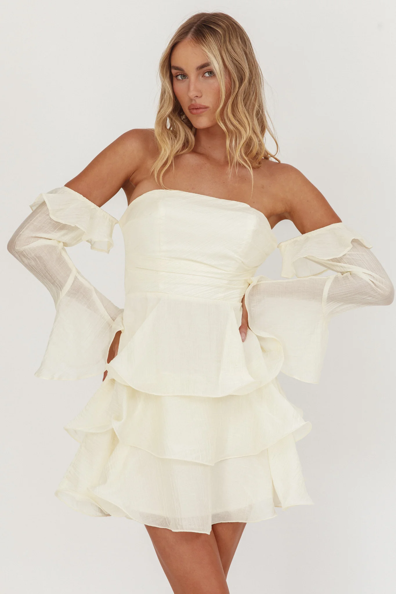 Giavana Off-Shoulder Layered Mini Dress Cream - Image 5