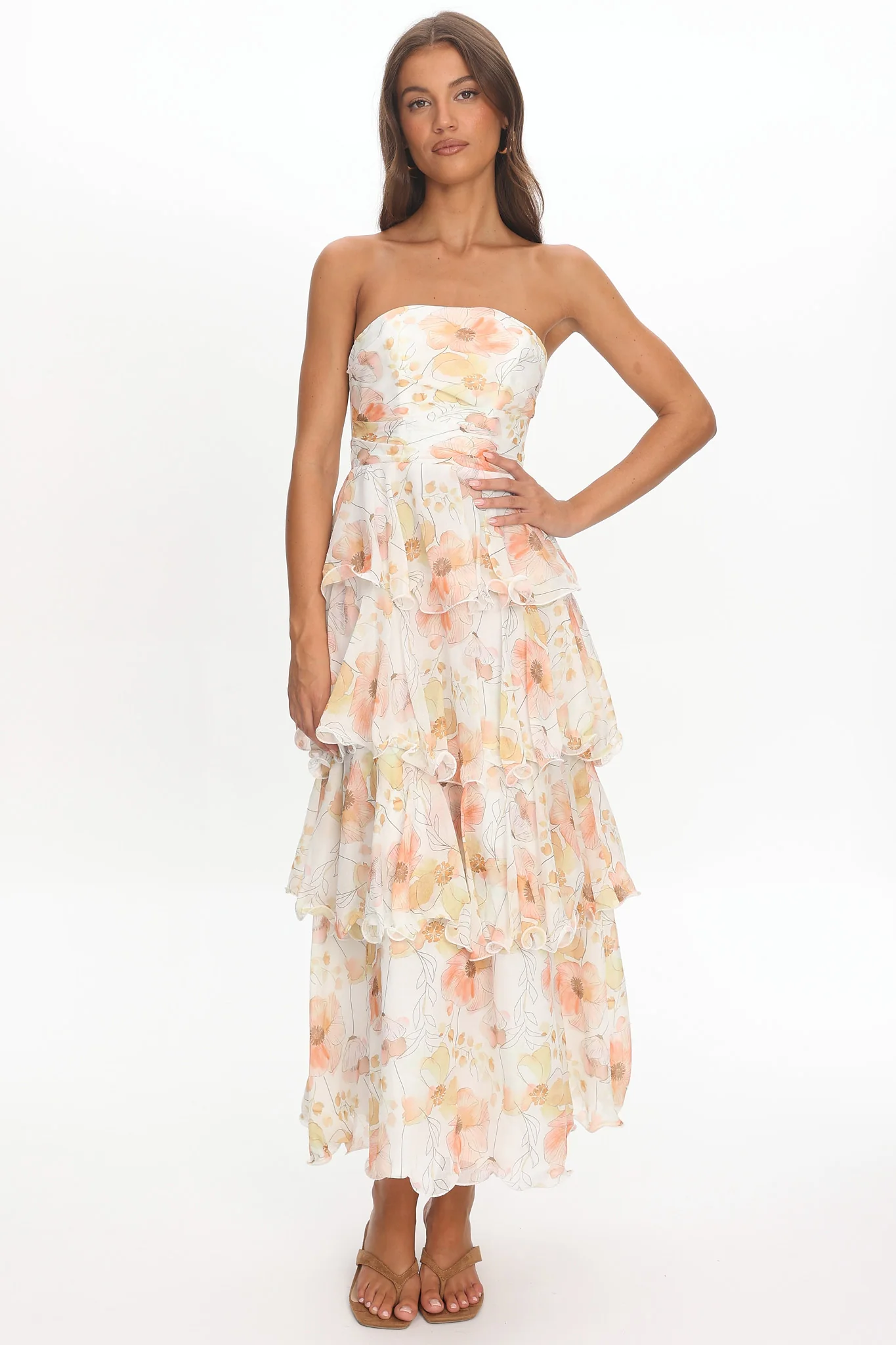 Giavana Strapless Layered Midi Dress Floral Beige - Image 3