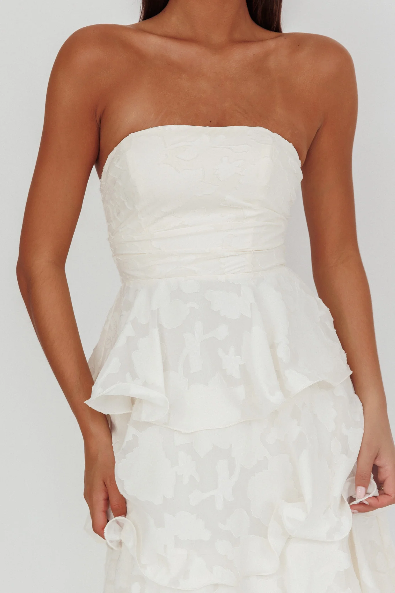 Giavana Strapless Layered Midi Dress Floral Embossed Cream - Image 3