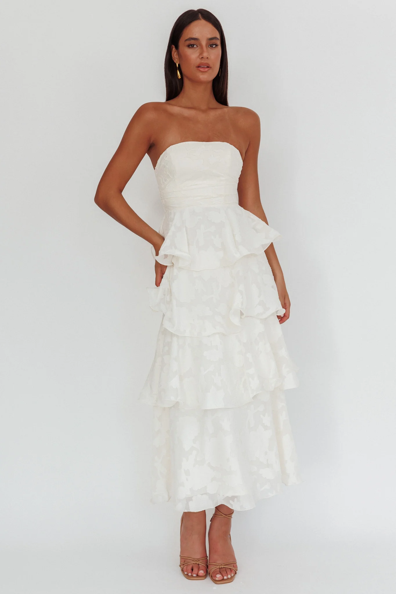 Giavana Strapless Layered Midi Dress Floral Embossed Cream - Image 4