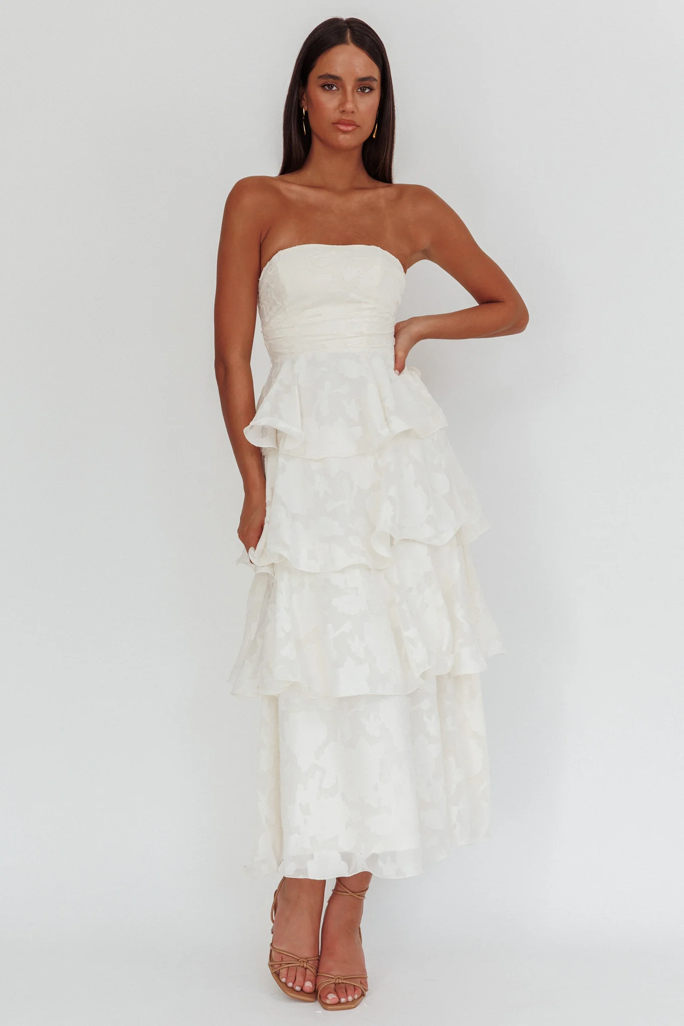 Giavana Strapless Layered Midi Dress Floral Embossed Cream - Image 5