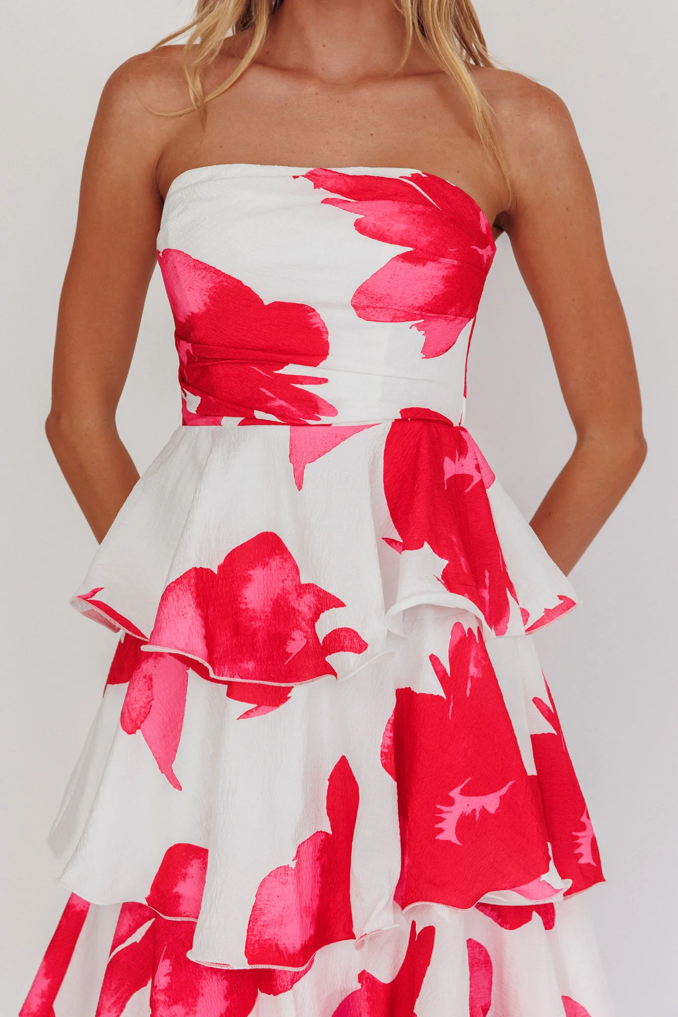 Giavana Strapless Layered Midi Dress Floral Red - Image 3