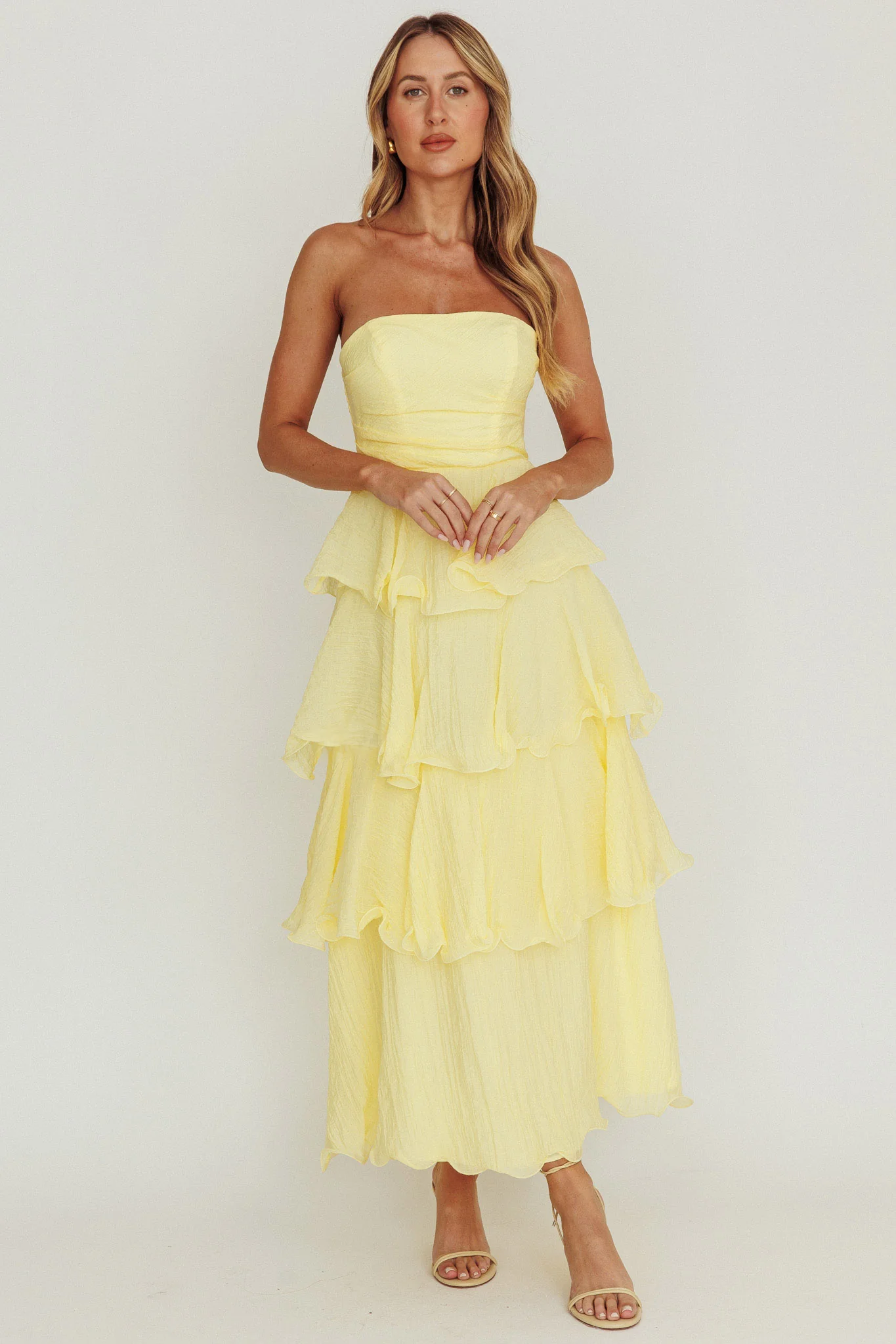 Giavana Strapless Layered Ruffles Midi Dress Lemon - Image 6