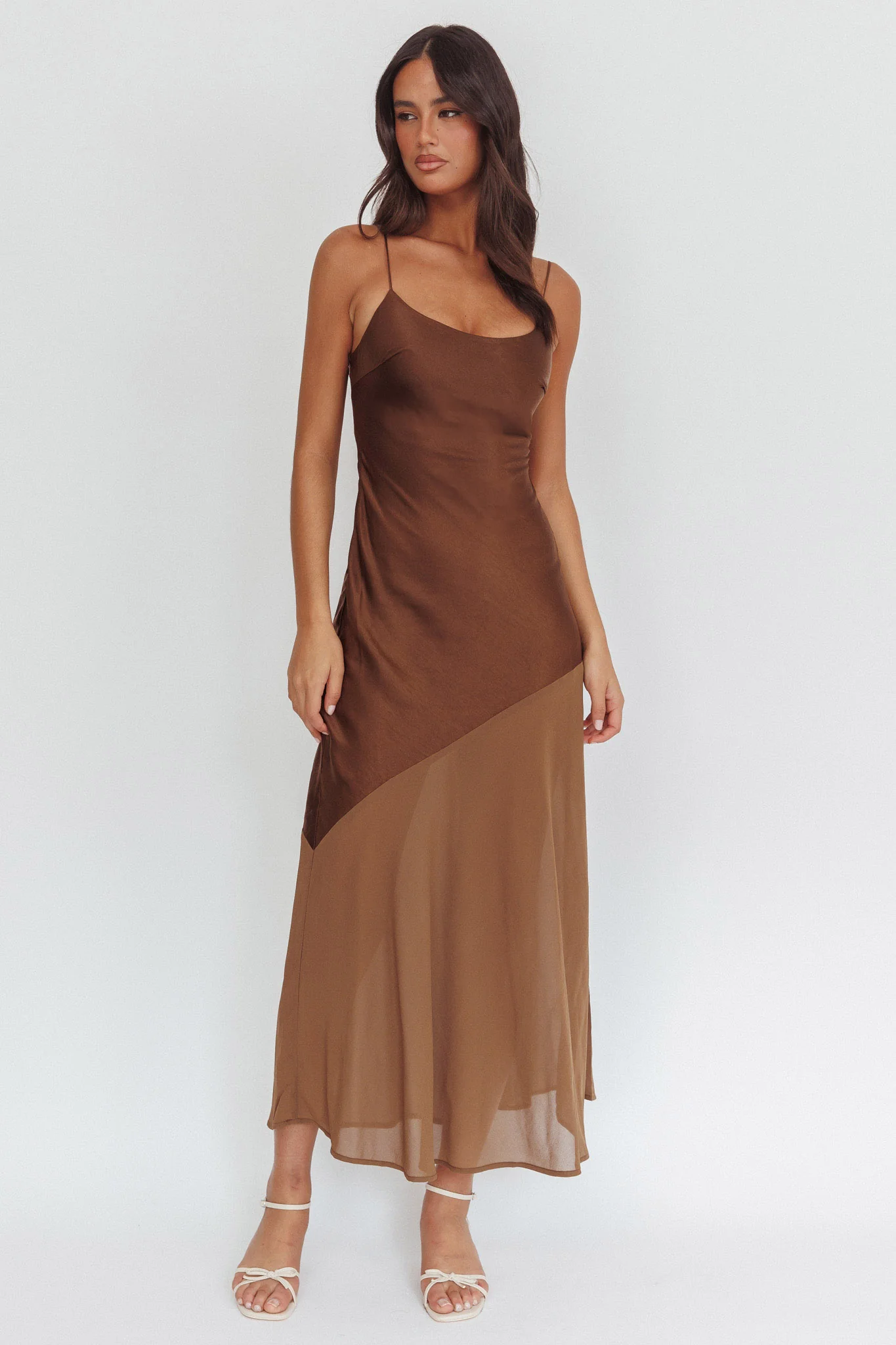 Gilded Dream Chiffon Hem Maxi Dress Chocolate