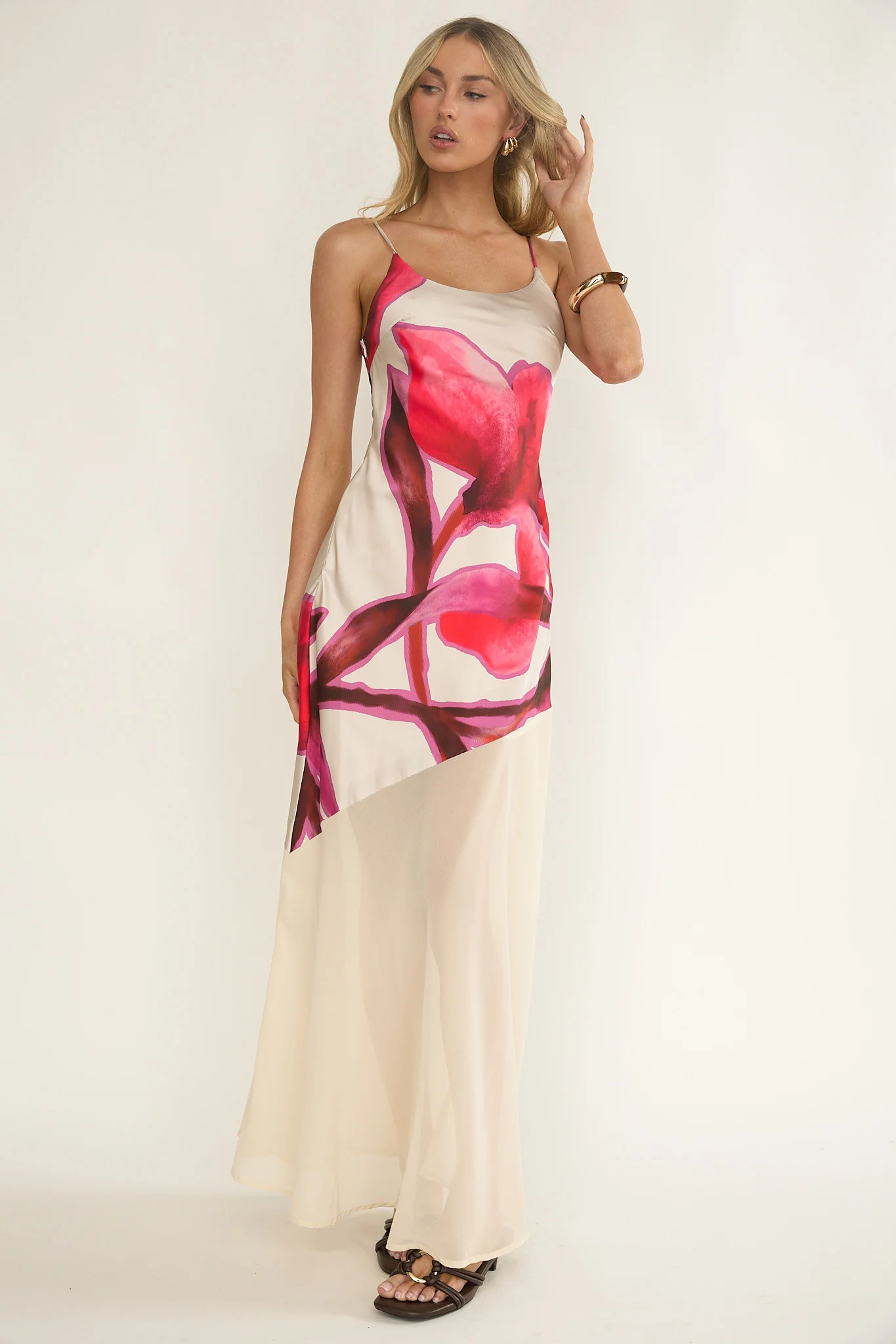 Gilded Dream Chiffon Hem Maxi Dress Print Beige