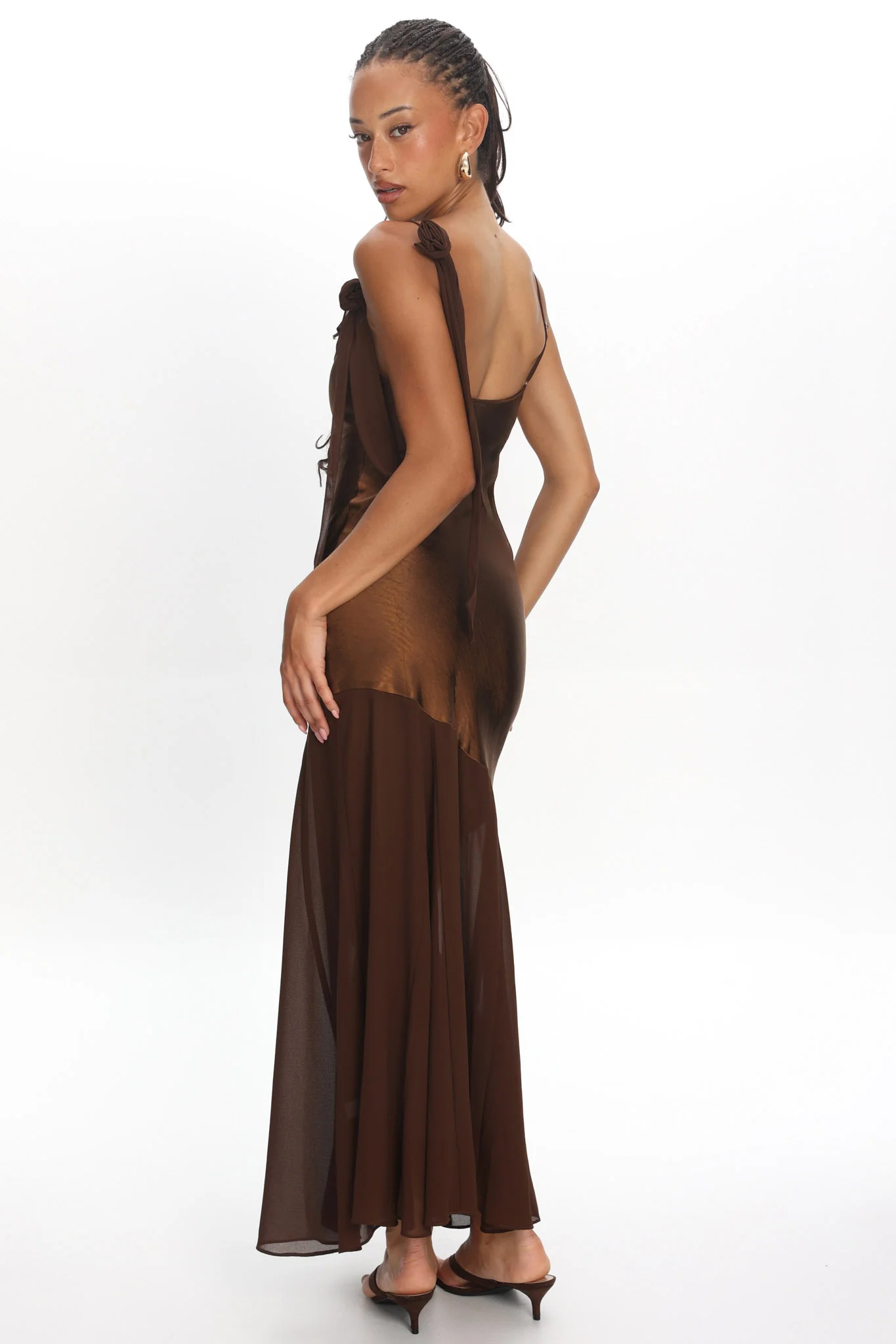 Gilded Dream Shoulder Detail Chiffon Hem Maxi Dress Chocolate - Image 2