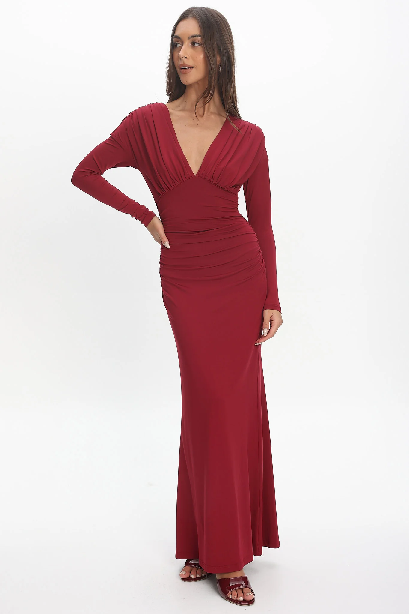 Gilded Long Sleeve Ruched Maxi Dress Wine - Image 2