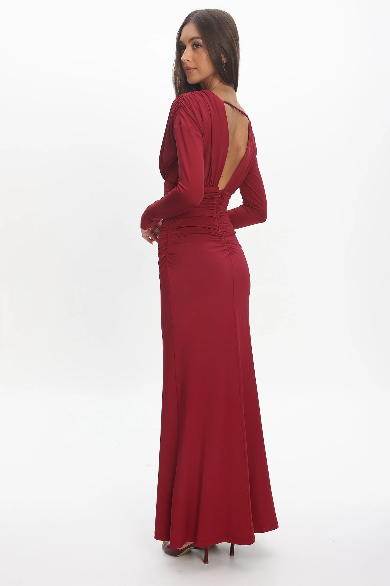 Gilded Long Sleeve Ruched Maxi Dress Wine - Image 3