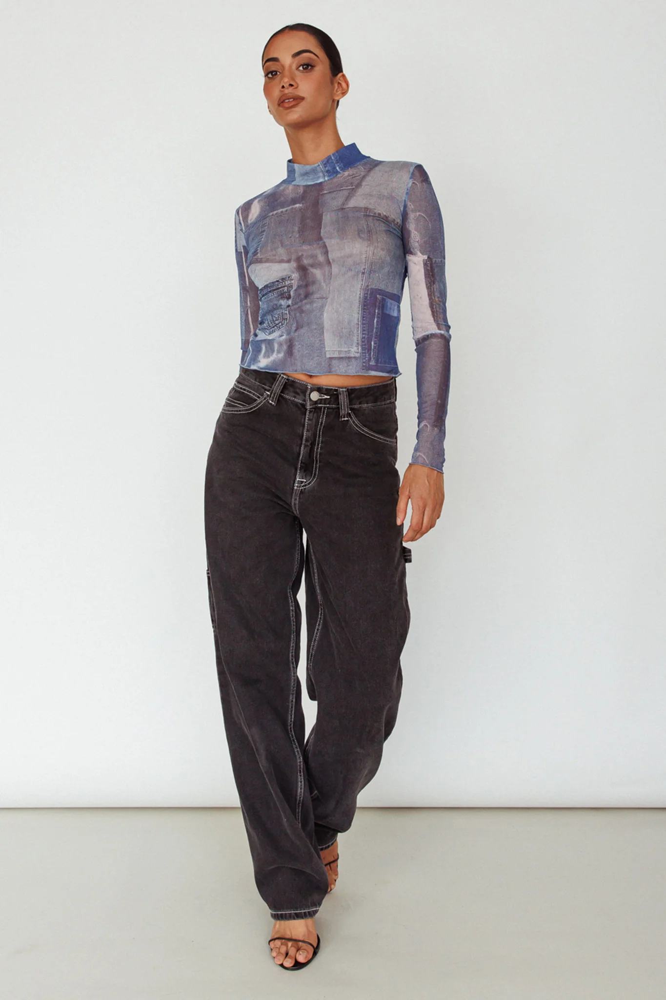 Giza Long Sleeve Mock Neck Top Print Denim Multi - Image 5