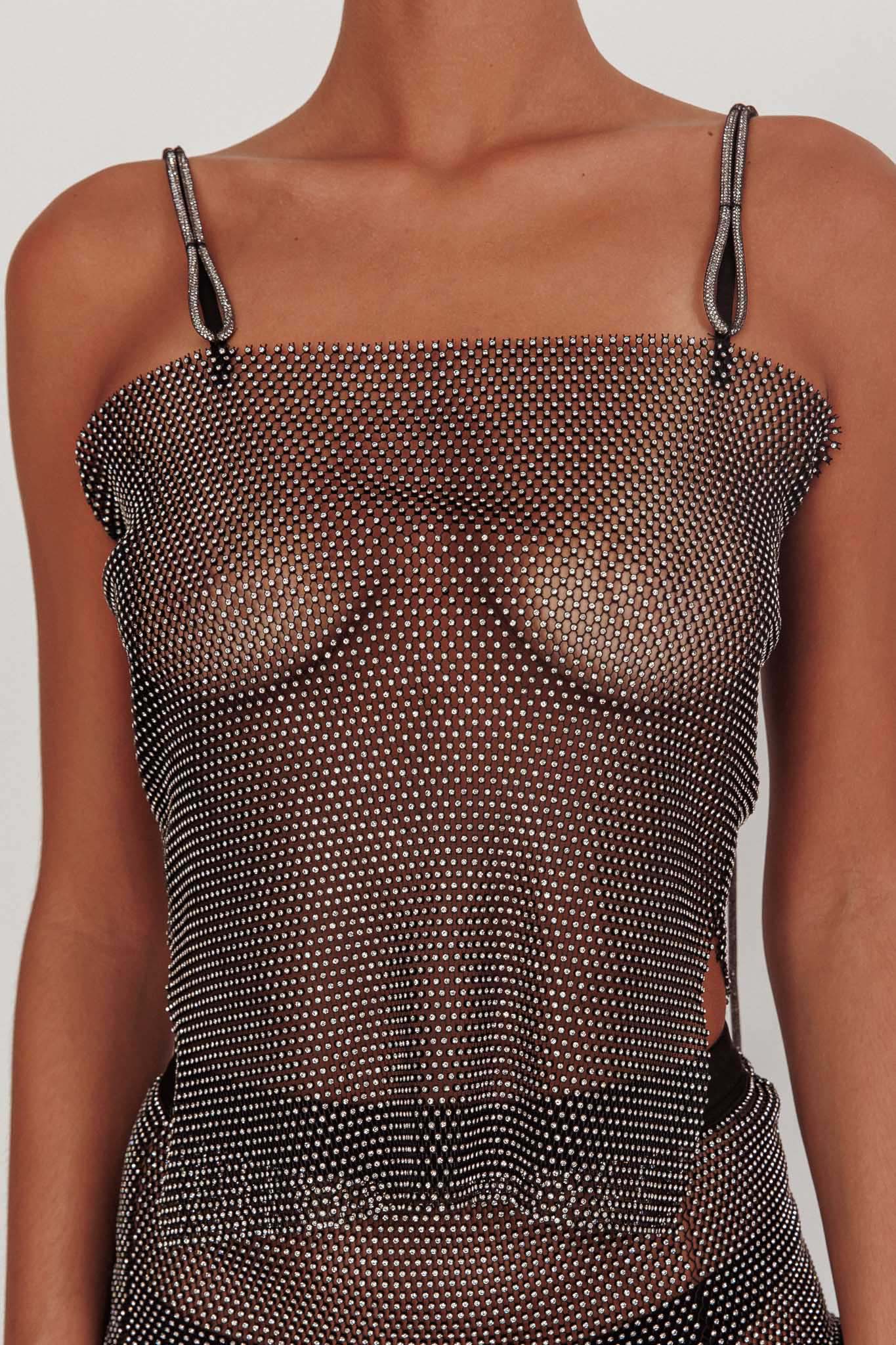Glamazon Rhinestone Mesh Cami Top Black - Image 5