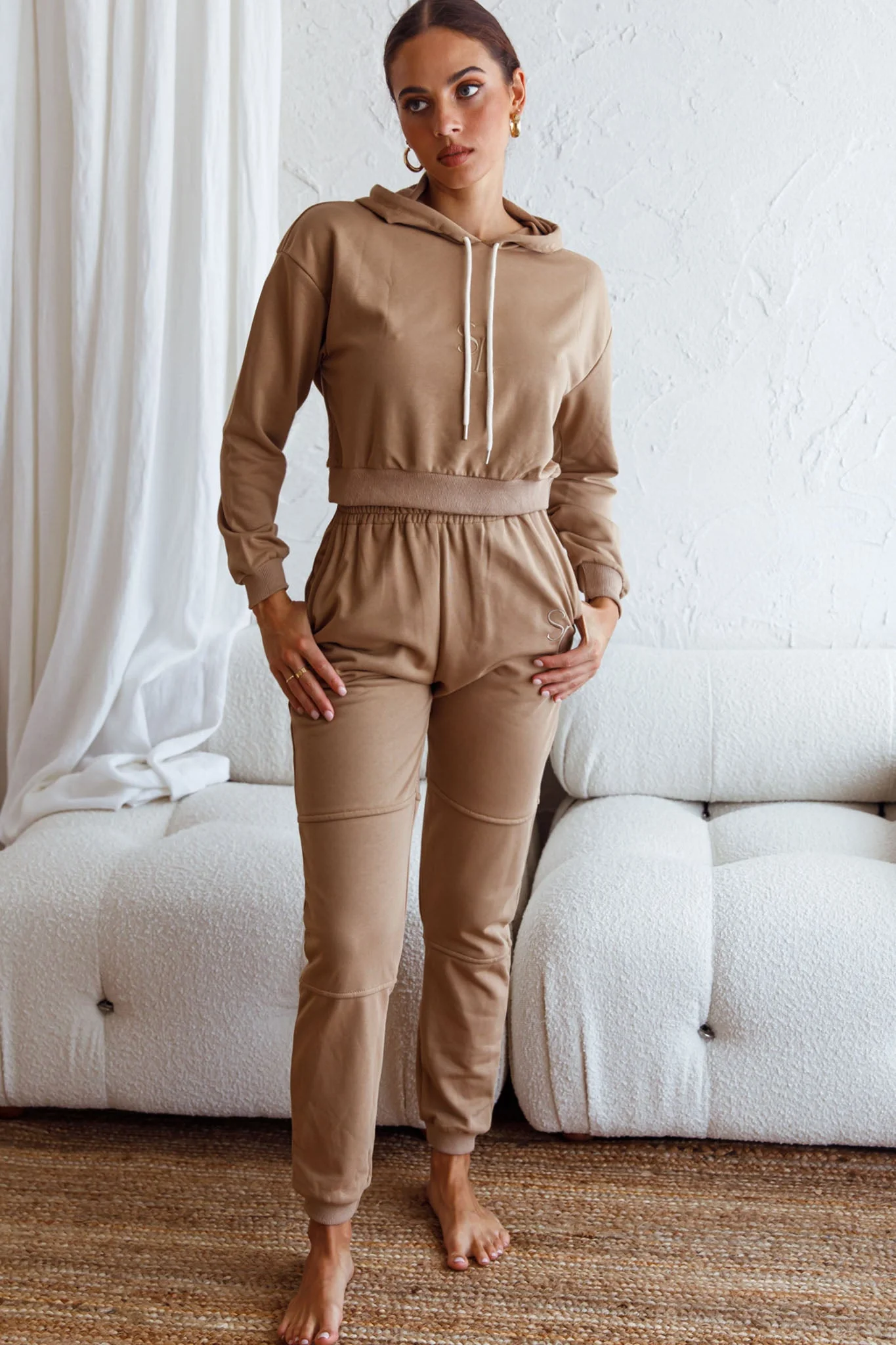 Glow Getter Drawstring Hood Embroidery Logo Hoodie Beige - Image 5