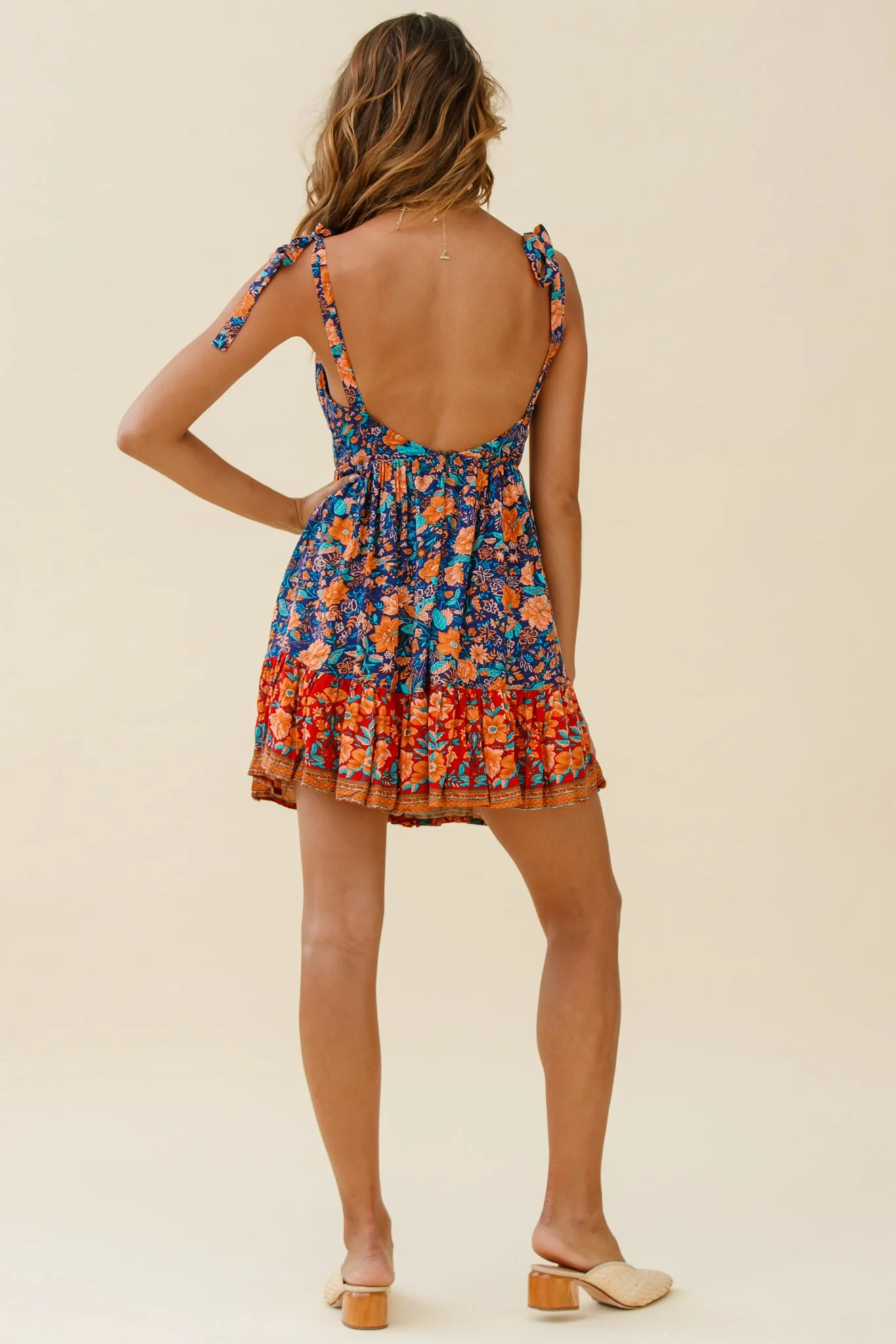 Go Get It Tied Shoulder Sun Dress Floral Print Navy - Image 3