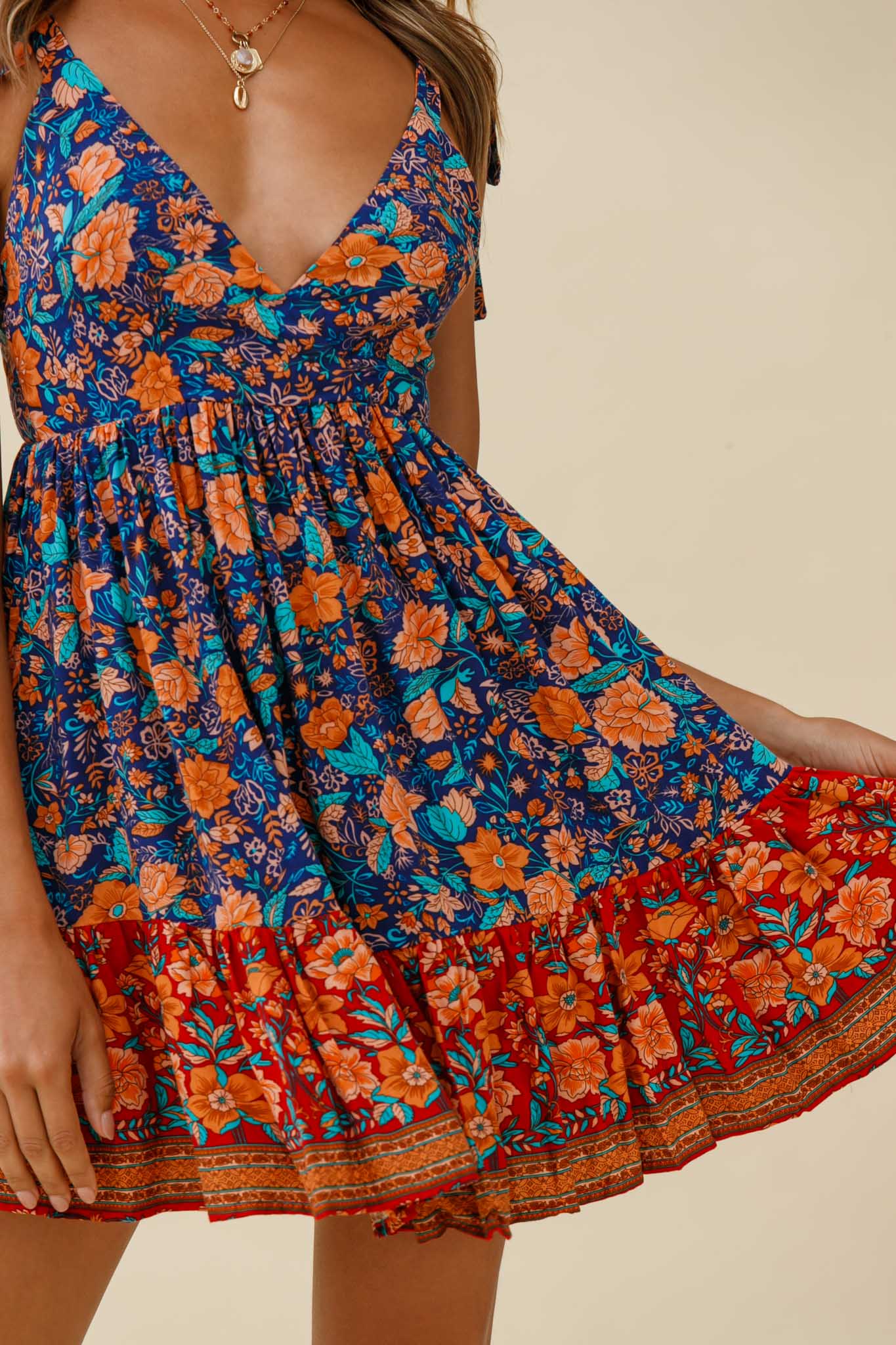 Go Get It Tied Shoulder Sun Dress Floral Print Navy - Image 6