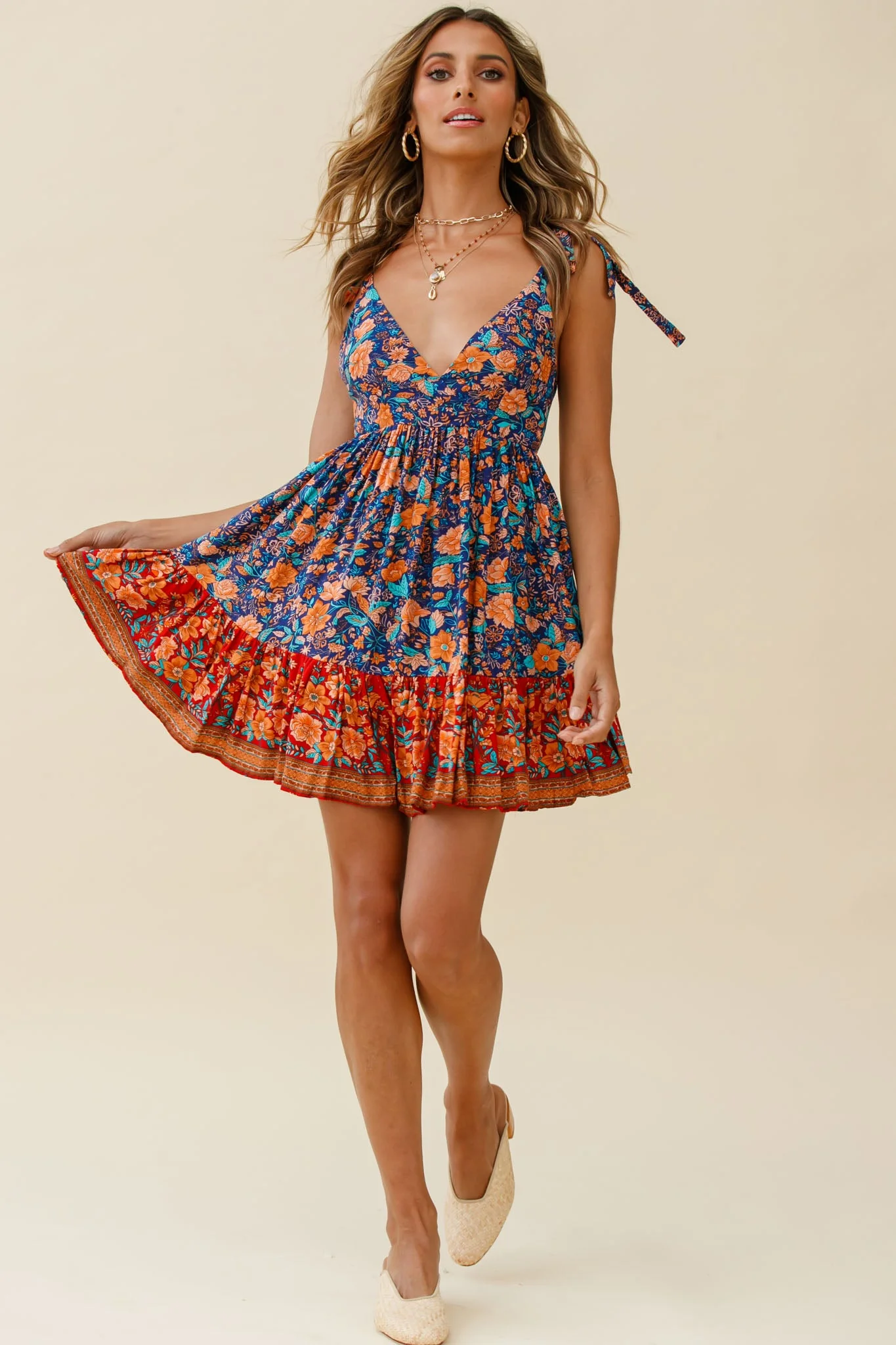 Go Get It Tied Shoulder Sun Dress Floral Print Navy - Image 7