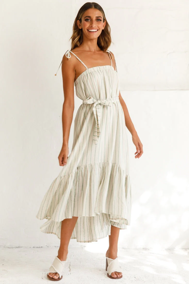 Golden Days Tied-Shoulder Midi Dress Stripe Pattern Olive